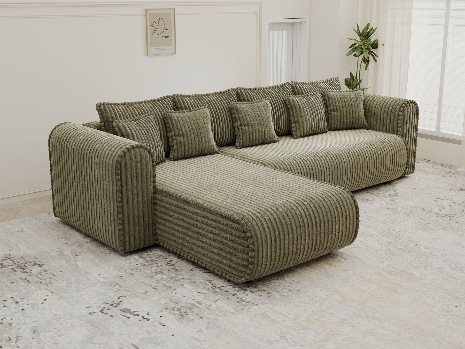 Colțar extensibil dumonde cu ladă de depozitare si sezut confortabil din spuma high-density, Monaco XL Tilia Olive 340x185 cm
