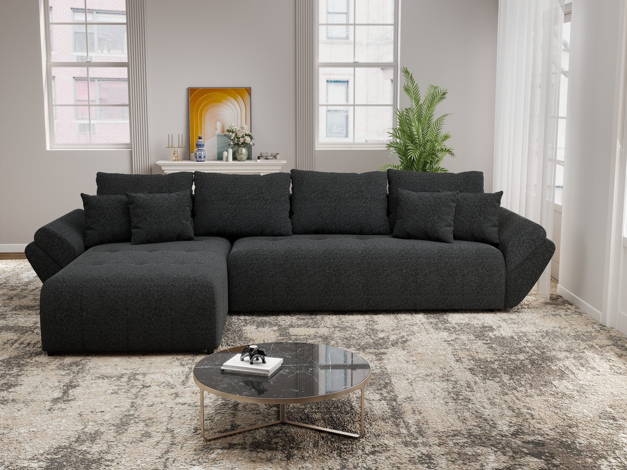 Colțar extensibil dumonde cu ladă de depozitare si sezut confortabil din spuma high-density, Berlin XL Monte Negru 99 350x185 cm