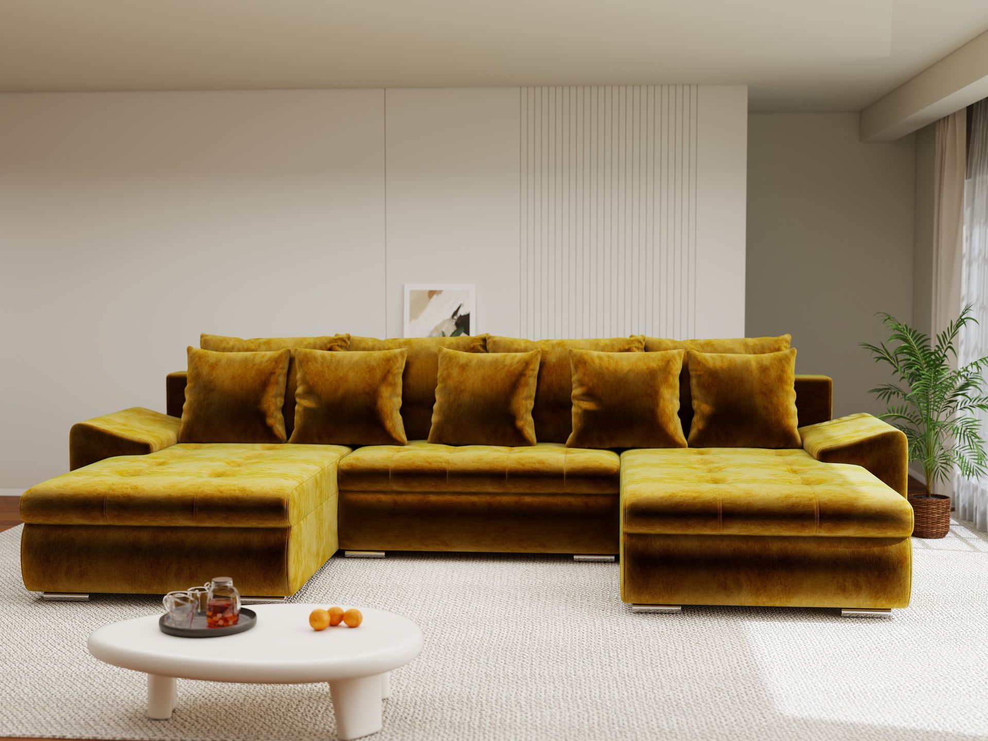 Colțar extensibil dumonde cu ladă de depozitare si sezut confortabil din spuma high-density, Leonardo U Monolith Mustar 48 360x185 cm