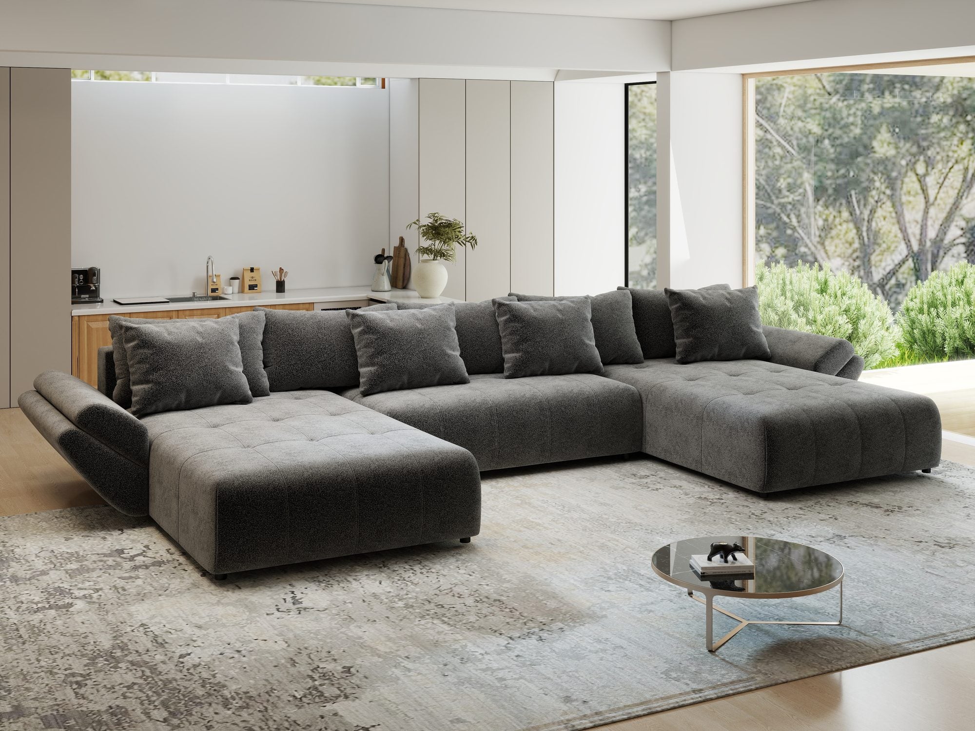 Colțar extensibil dumonde cu ladă de depozitare si sezut confortabil din spuma high-density, Berlin U Quelle Gri 92 380x180 cm