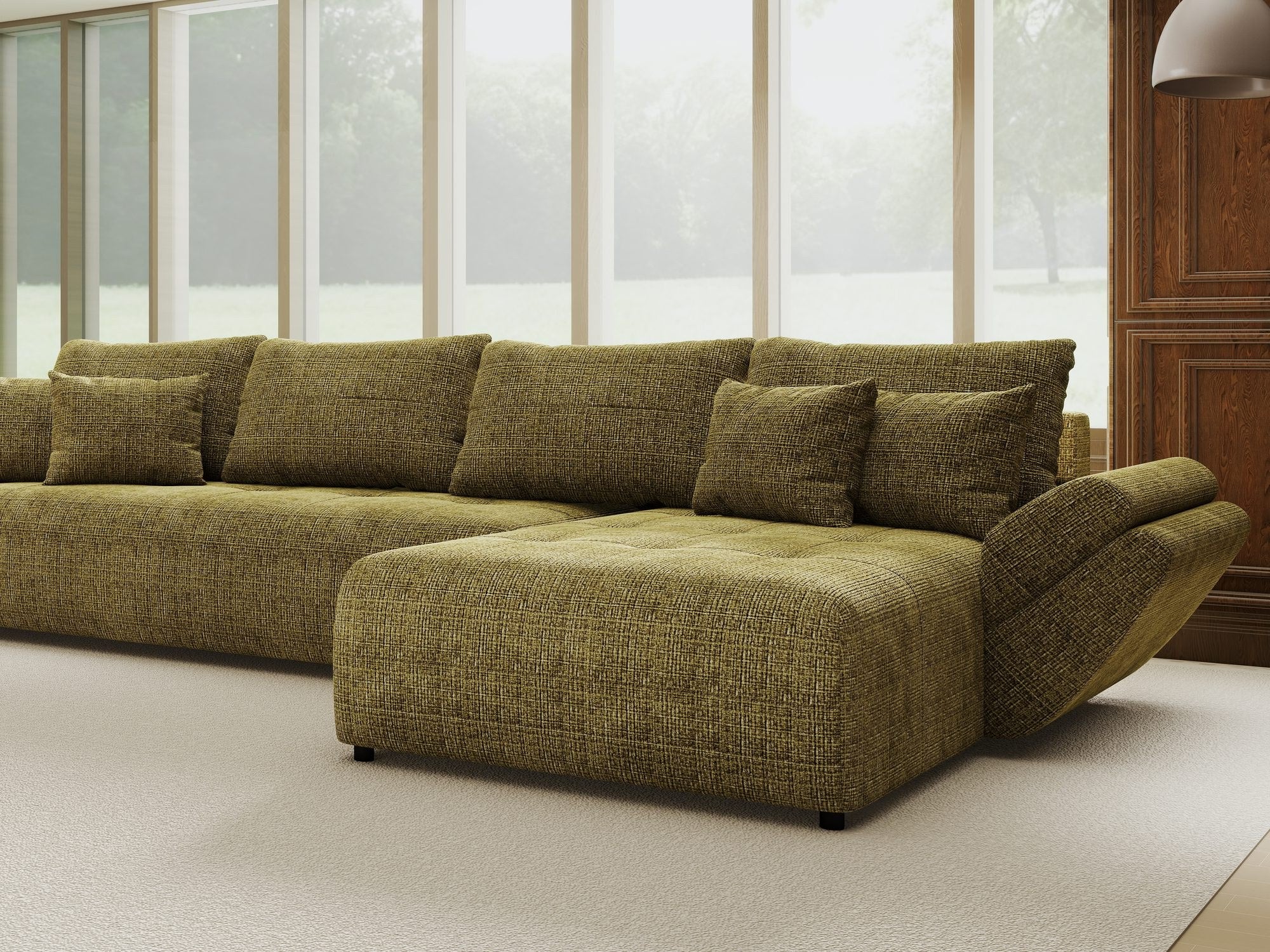 Colțar extensibil dumonde cu ladă de depozitare si sezut confortabil din spuma high-density, Berlin XL Cremona Olive 38 II 350x185 cm