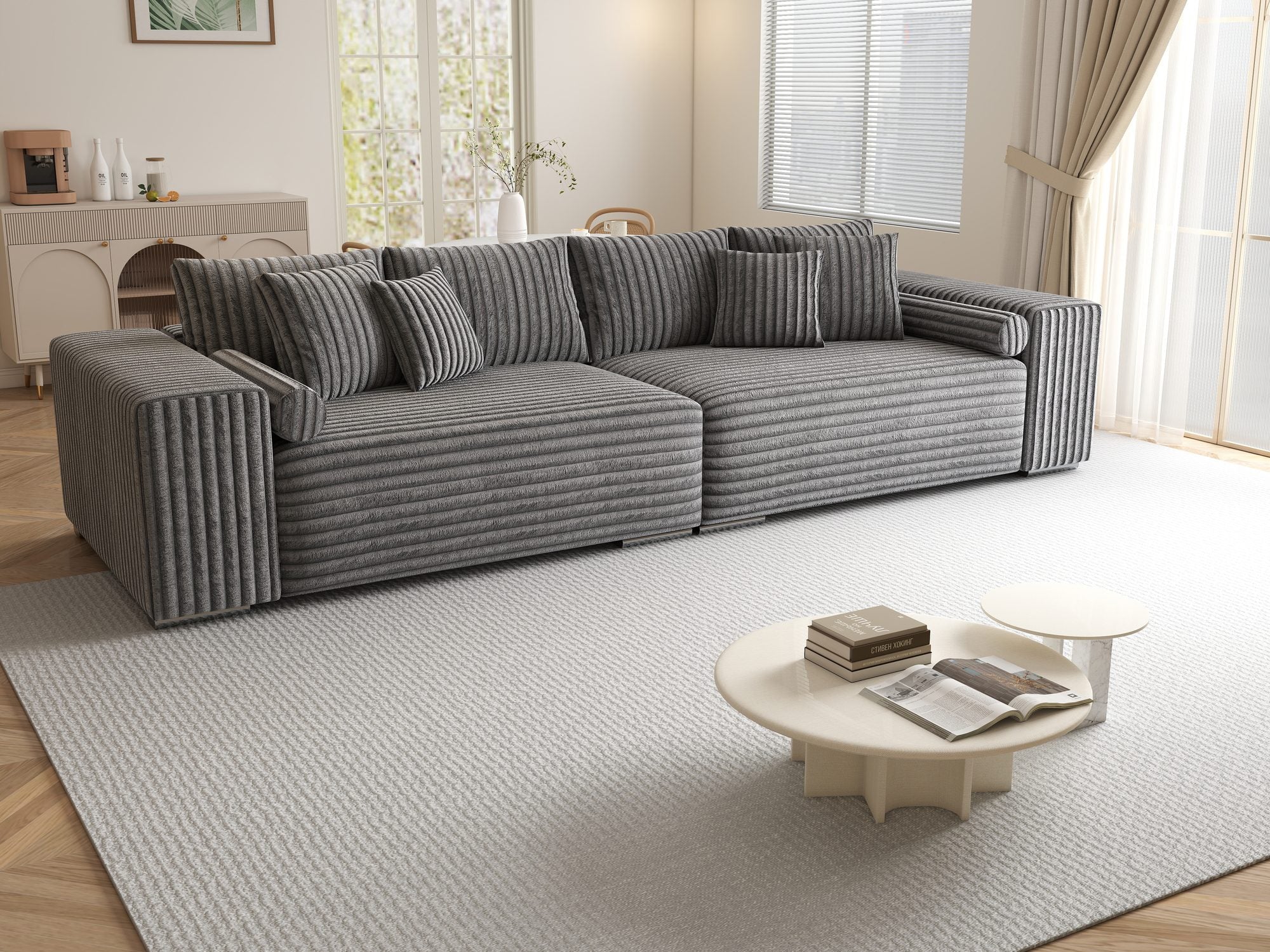 Canapea extensibilă dumonde cu ladă de depozitare si sezut confortabil din spuma high-density, Marbela XXL Tilia Gri 90 290x100 cm