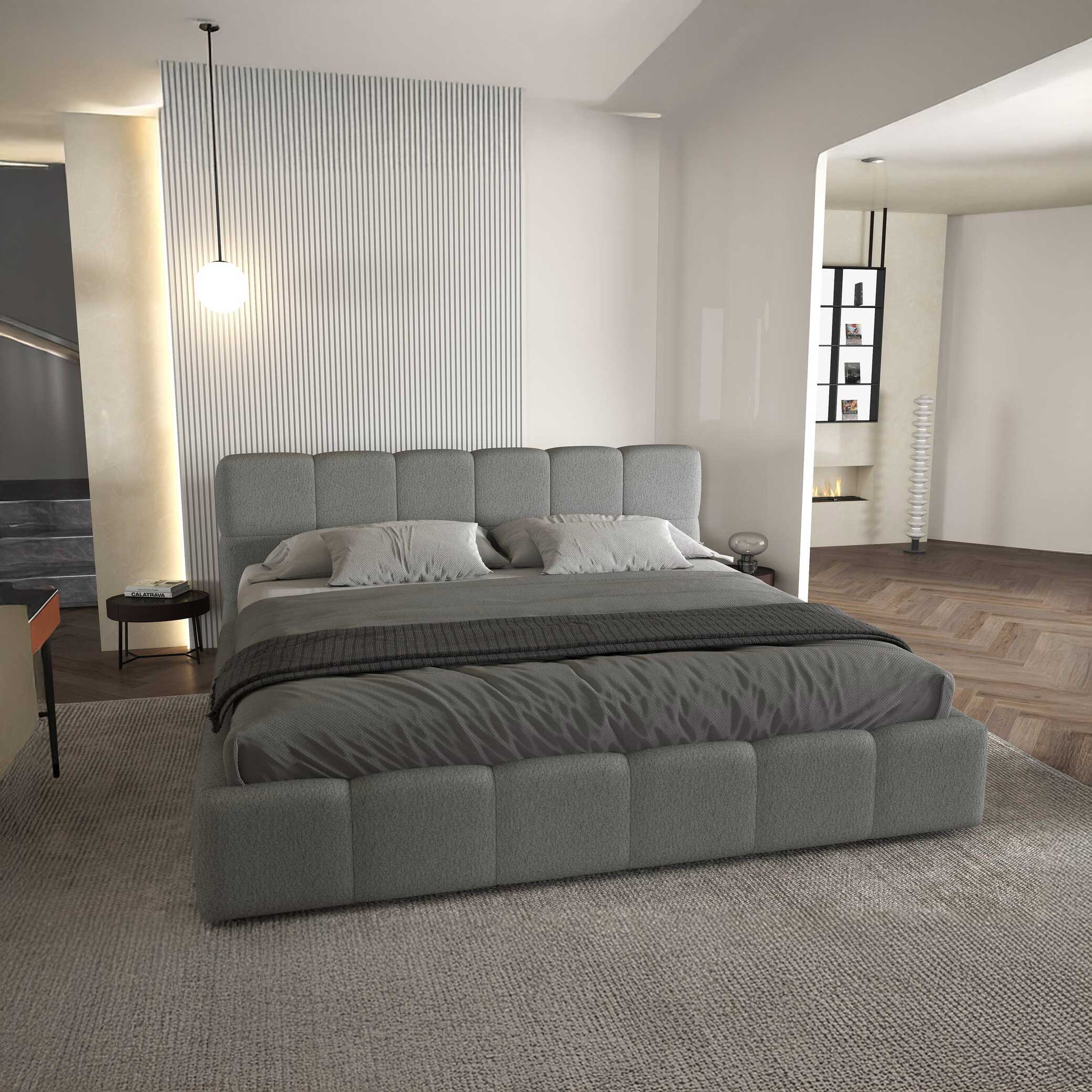 Dumonde kárpitozott ágy, szürke, Barcelona 160x200 cm, felnyitható ágyrács, tárolórekesszel