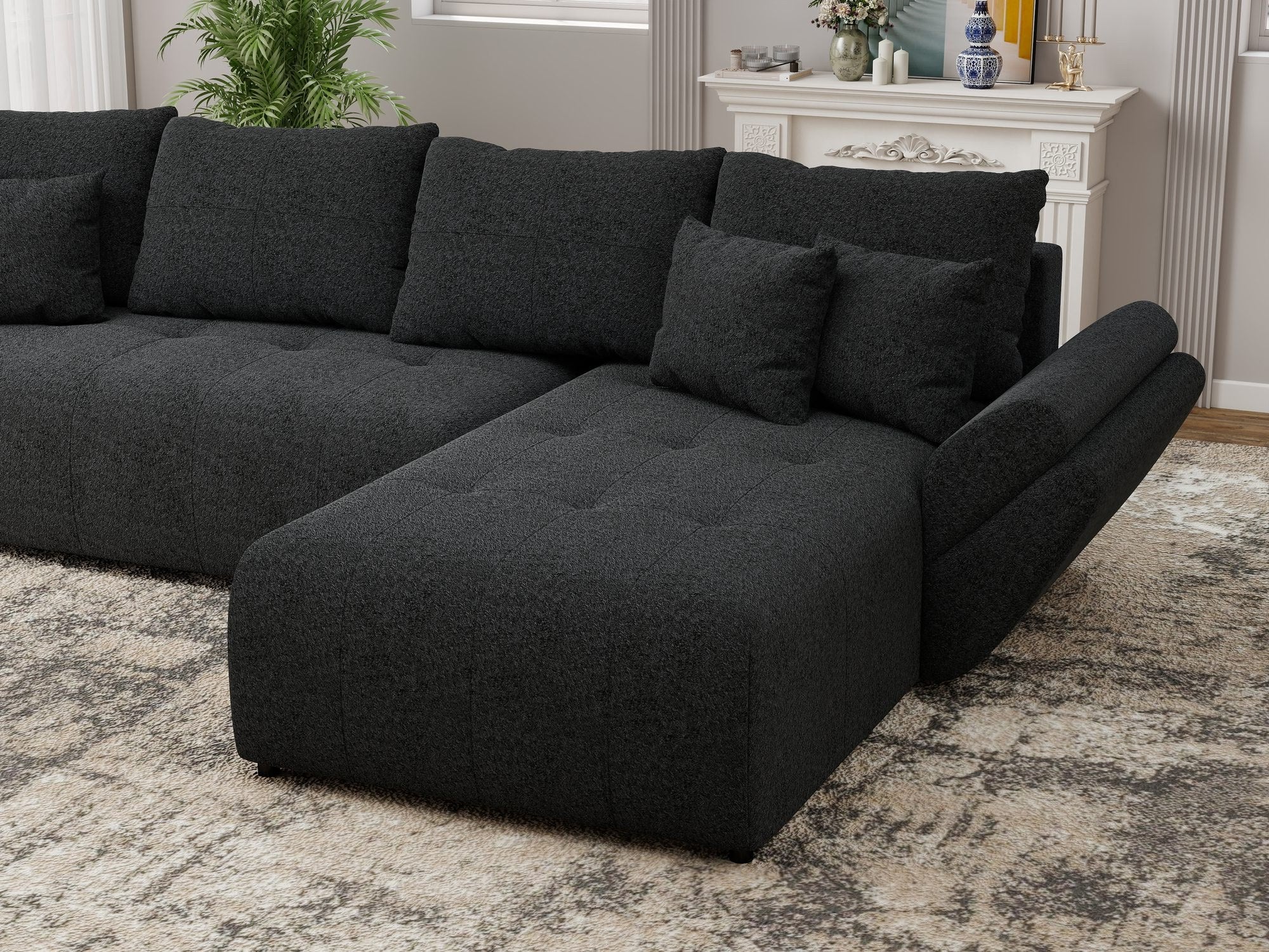 Colțar extensibil dumonde cu ladă de depozitare si sezut confortabil din spuma high-density, Berlin XL Monte Negru 99 II 350x185 cm