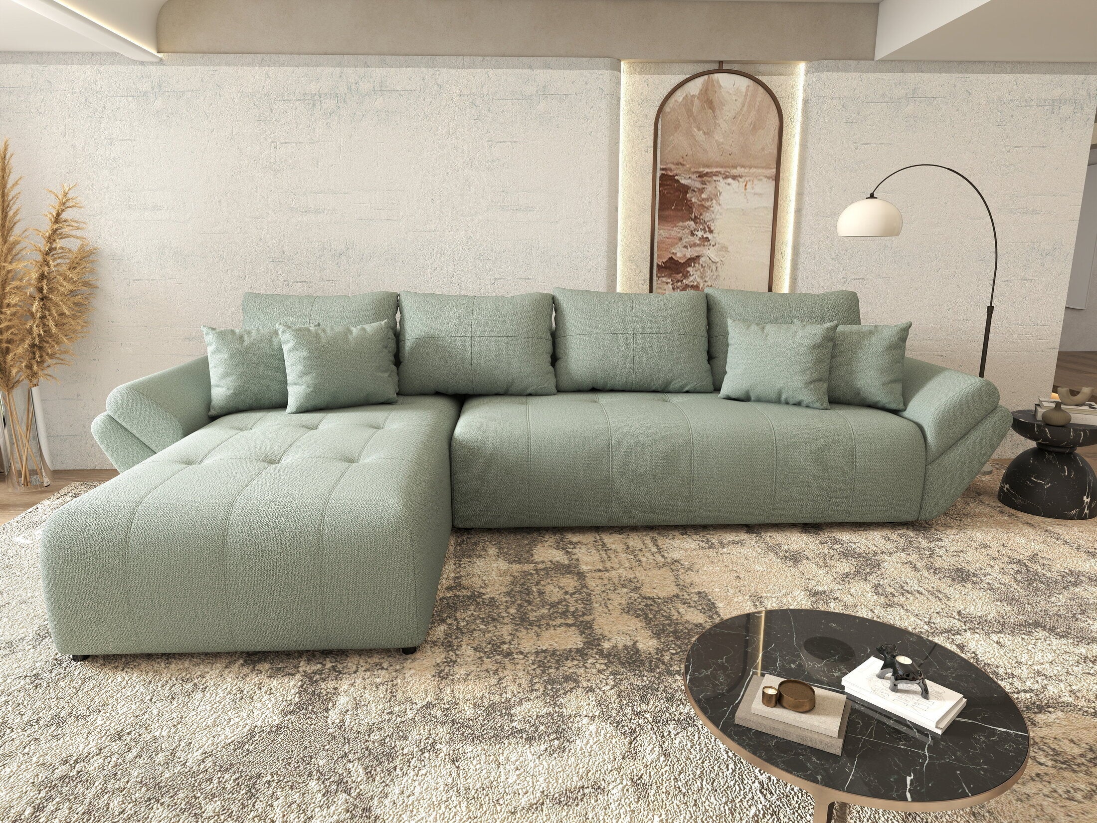 Colțar extensibil dumonde cu ladă de depozitare si sezut confortabil din spuma high-density, Berlin XL Enjoy Mint 350x185 cm