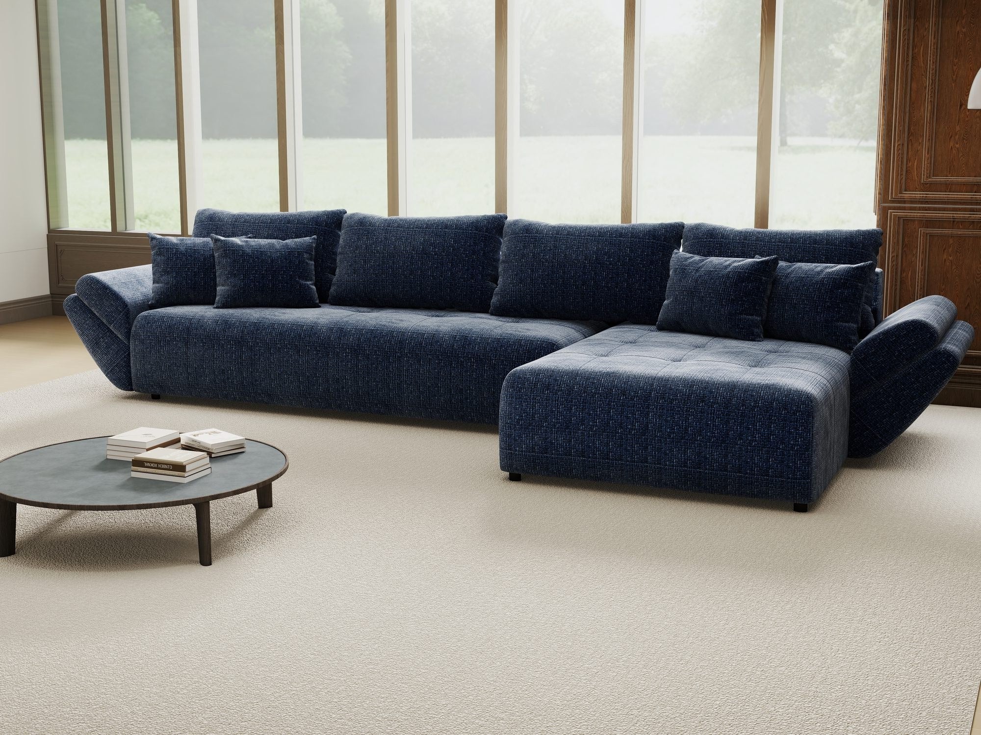 Colțar extensibil dumonde cu ladă de depozitare si sezut confortabil din spuma high-density, Berlin XL Cremona Albastru 79 II 350x185 cm