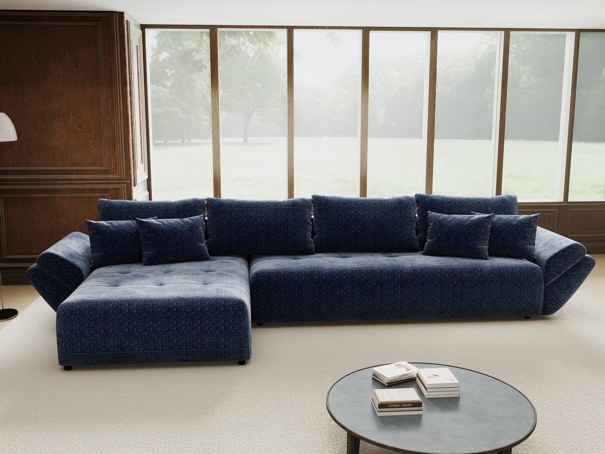 Colțar extensibil dumonde cu ladă de depozitare si sezut confortabil din spuma high-density, Berlin XL Cremona Albastru 79 350x185 cm