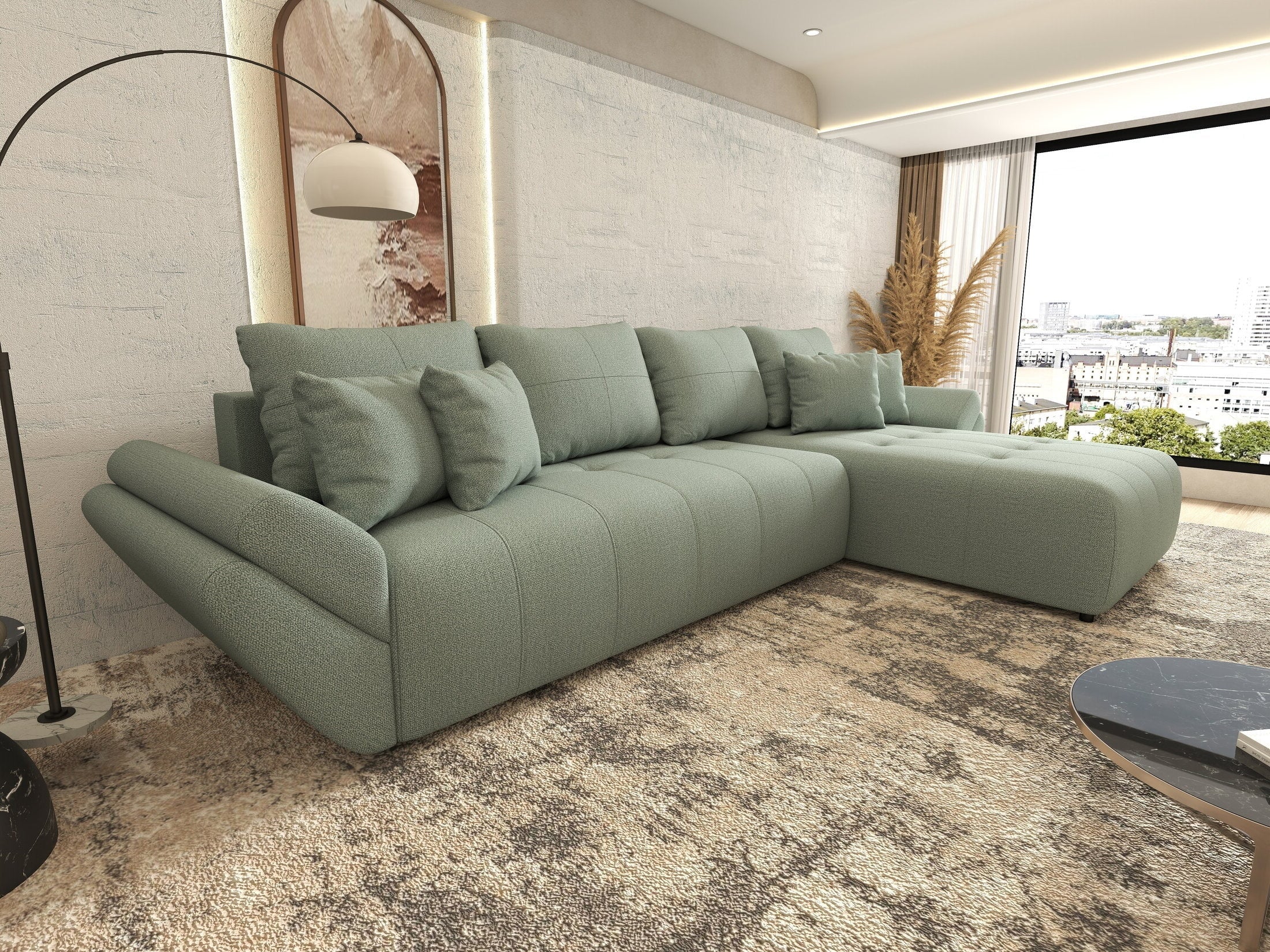 Colțar extensibil dumonde cu ladă de depozitare si sezut confortabil din spuma high-density, Berlin XL Enjoy Mint 350x185 cm II