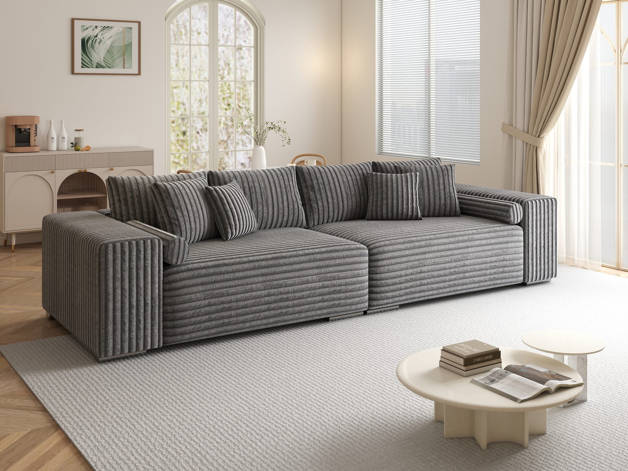 Canapea extensibilă dumonde cu ladă de depozitare si sezut confortabil din spuma high-density, Marbela XXL Tilia Gri 90 290x100 cm