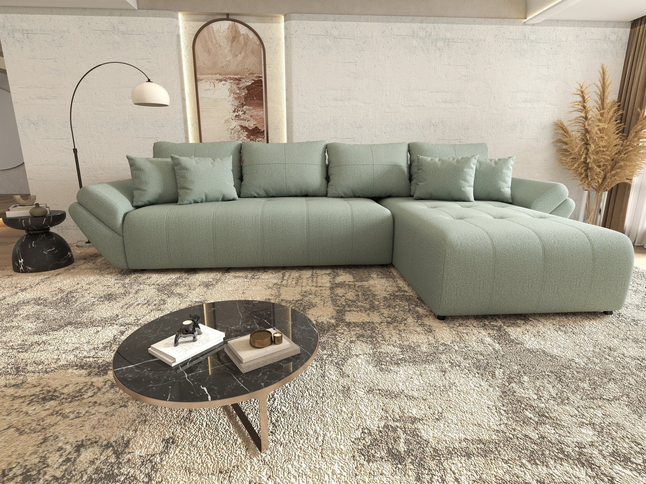 Colțar extensibil dumonde cu ladă de depozitare si sezut confortabil din spuma high-density, Berlin XL Enjoy Mint 350x185 cm II