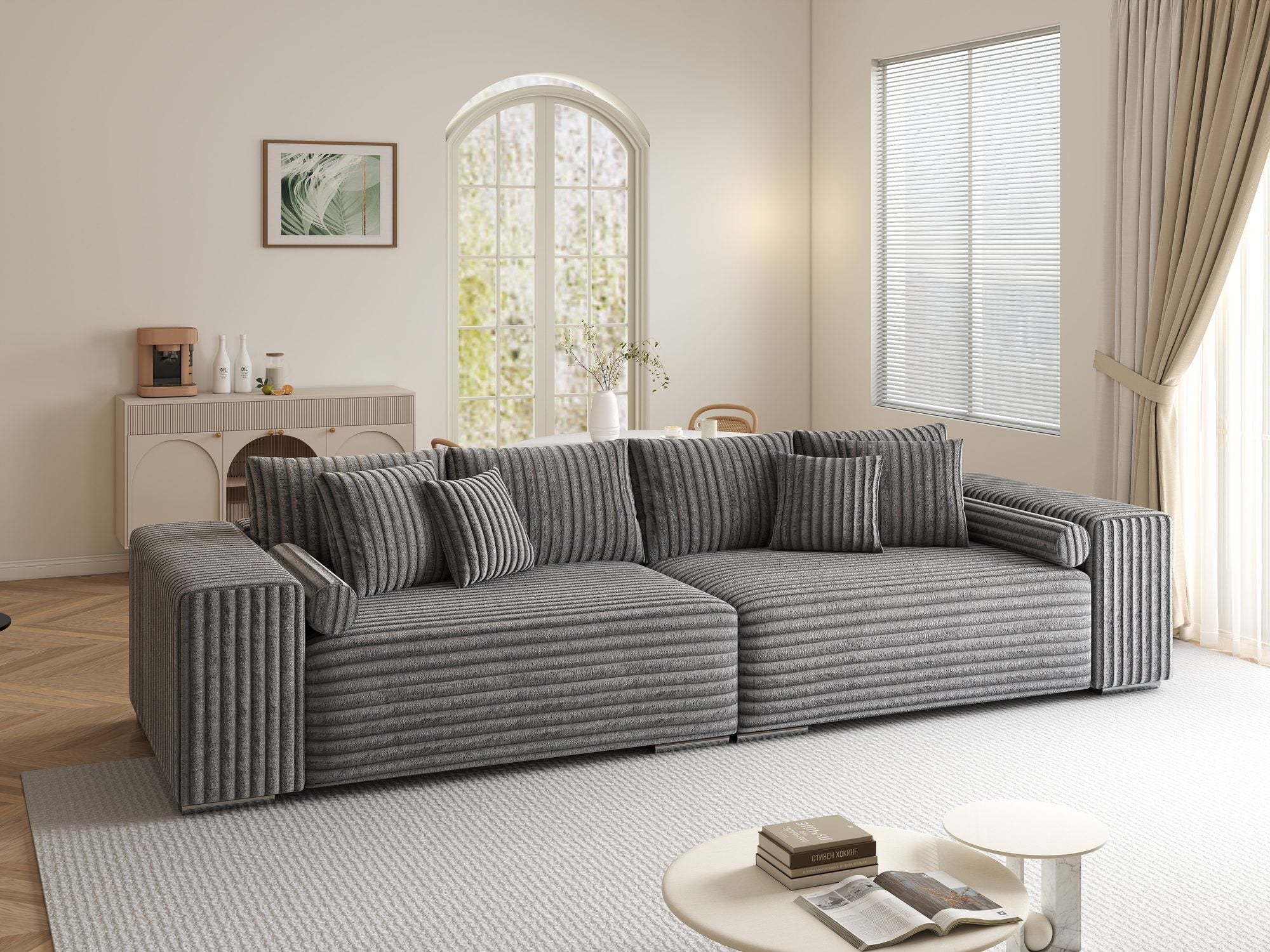 Canapea extensibilă dumonde cu ladă de depozitare si sezut confortabil din spuma high-density, Marbela XXL Tilia Gri 90 290x100 cm