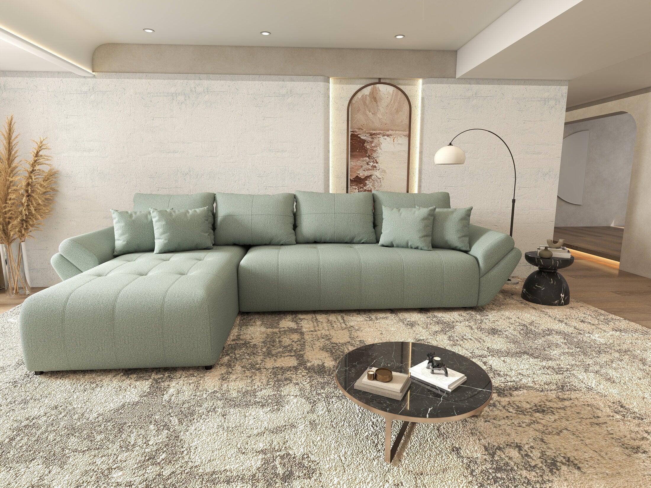 Colțar extensibil dumonde cu ladă de depozitare si sezut confortabil din spuma high-density, Berlin XL Enjoy Mint 350x185 cm
