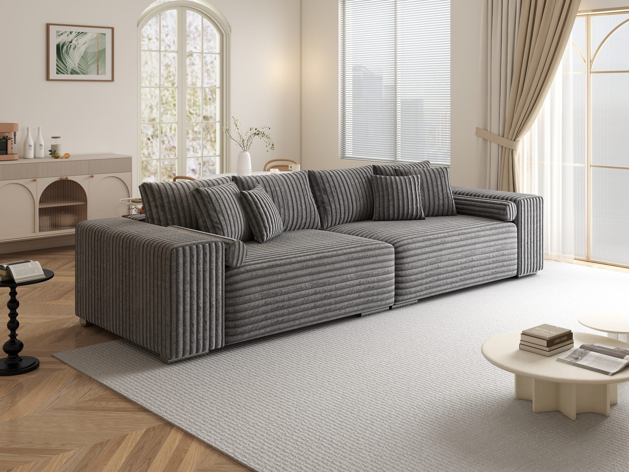 Canapea extensibilă dumonde cu ladă de depozitare si sezut confortabil din spuma high-density, Marbela XXL Tilia Gri 90 290x100 cm
