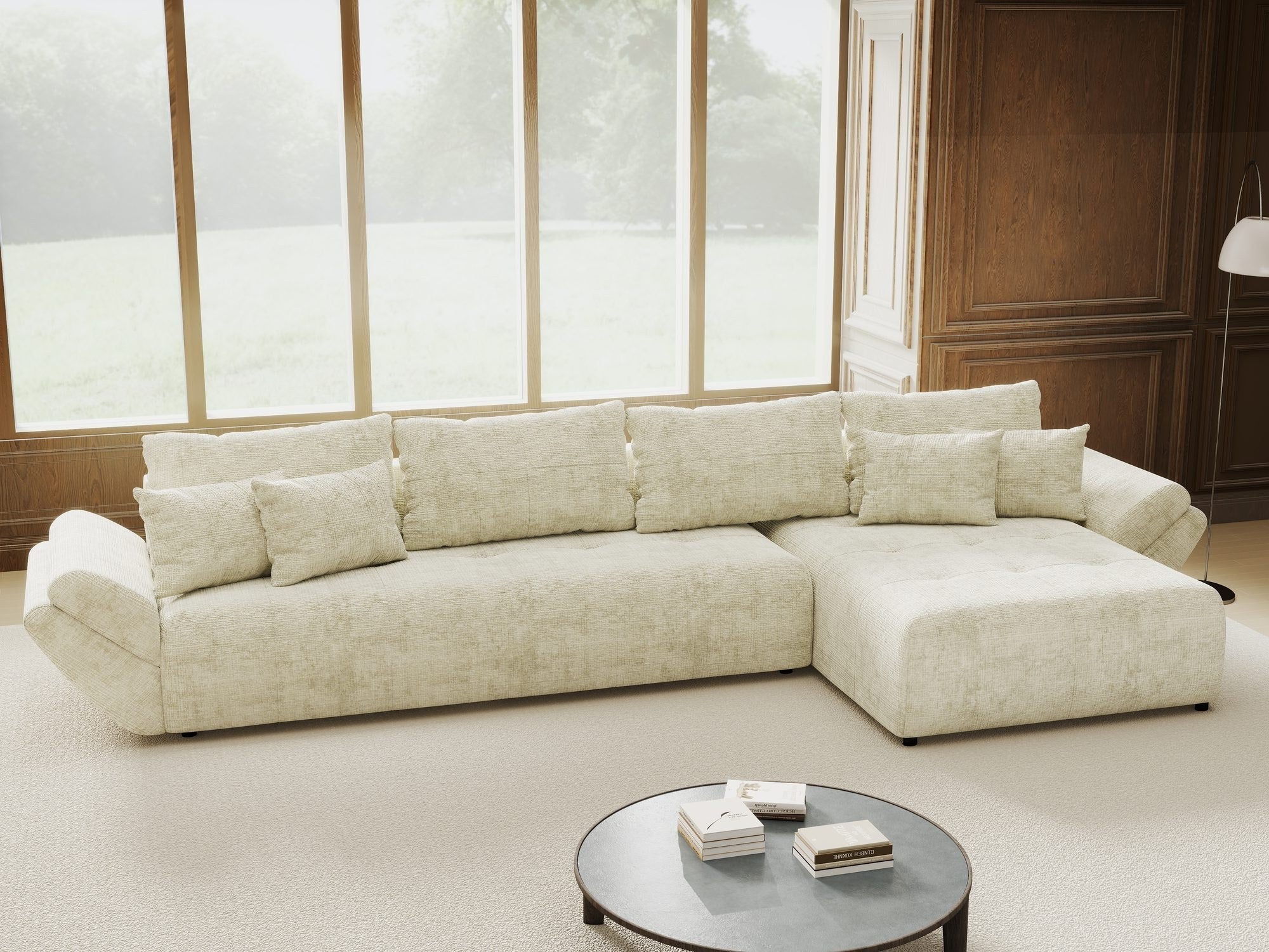 Colțar extensibil dumonde cu ladă de depozitare si sezut confortabil din spuma high-density, Berlin XL Cremona Alb 1 II 350x185 cm