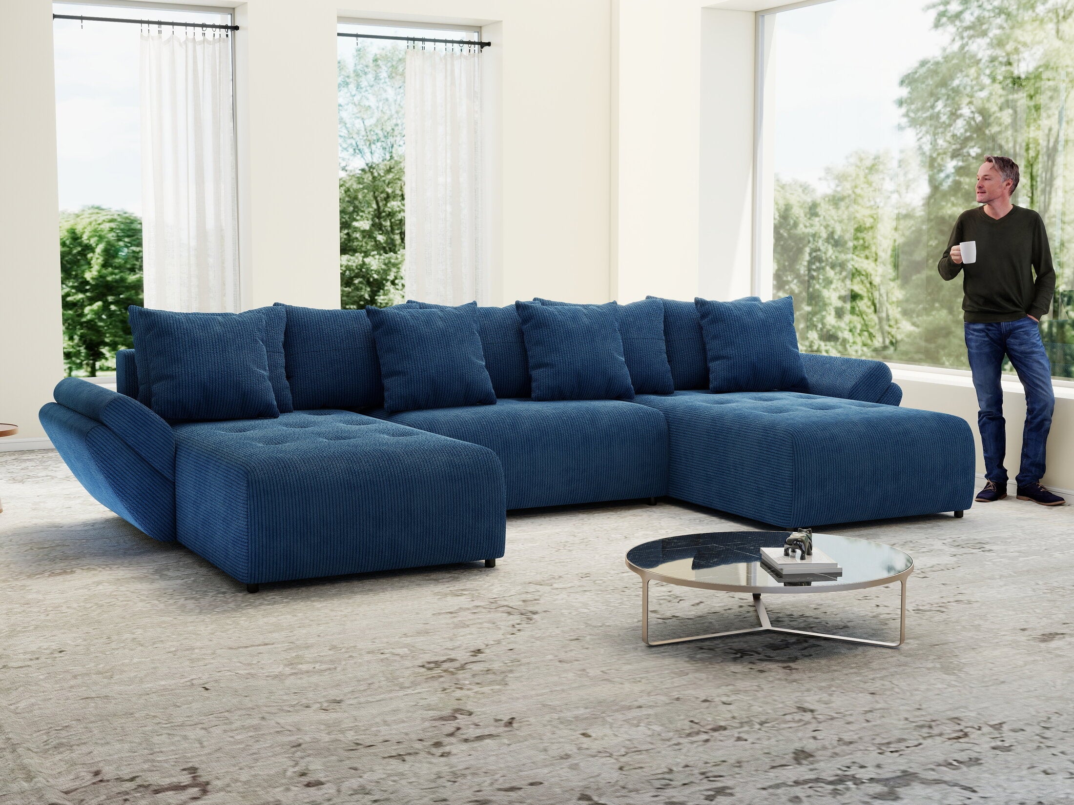 Colțar extensibil dumonde cu ladă de depozitare si sezut confortabil din spuma high-density, Berlin U Zoom Blue 400x185 cm