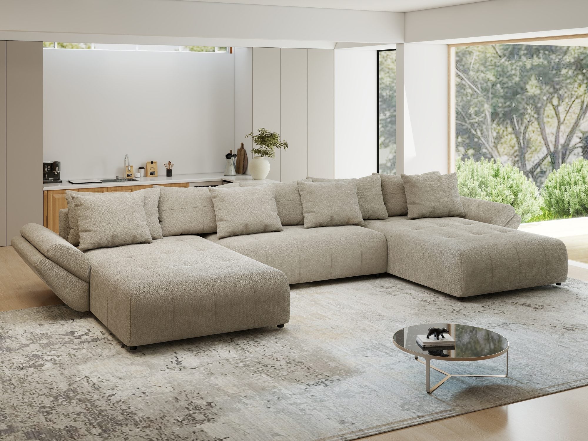 Colțar extensibil dumonde cu ladă de depozitare si sezut confortabil din spuma high-density, Berlin U Vibe Bej 06 380x180 cm