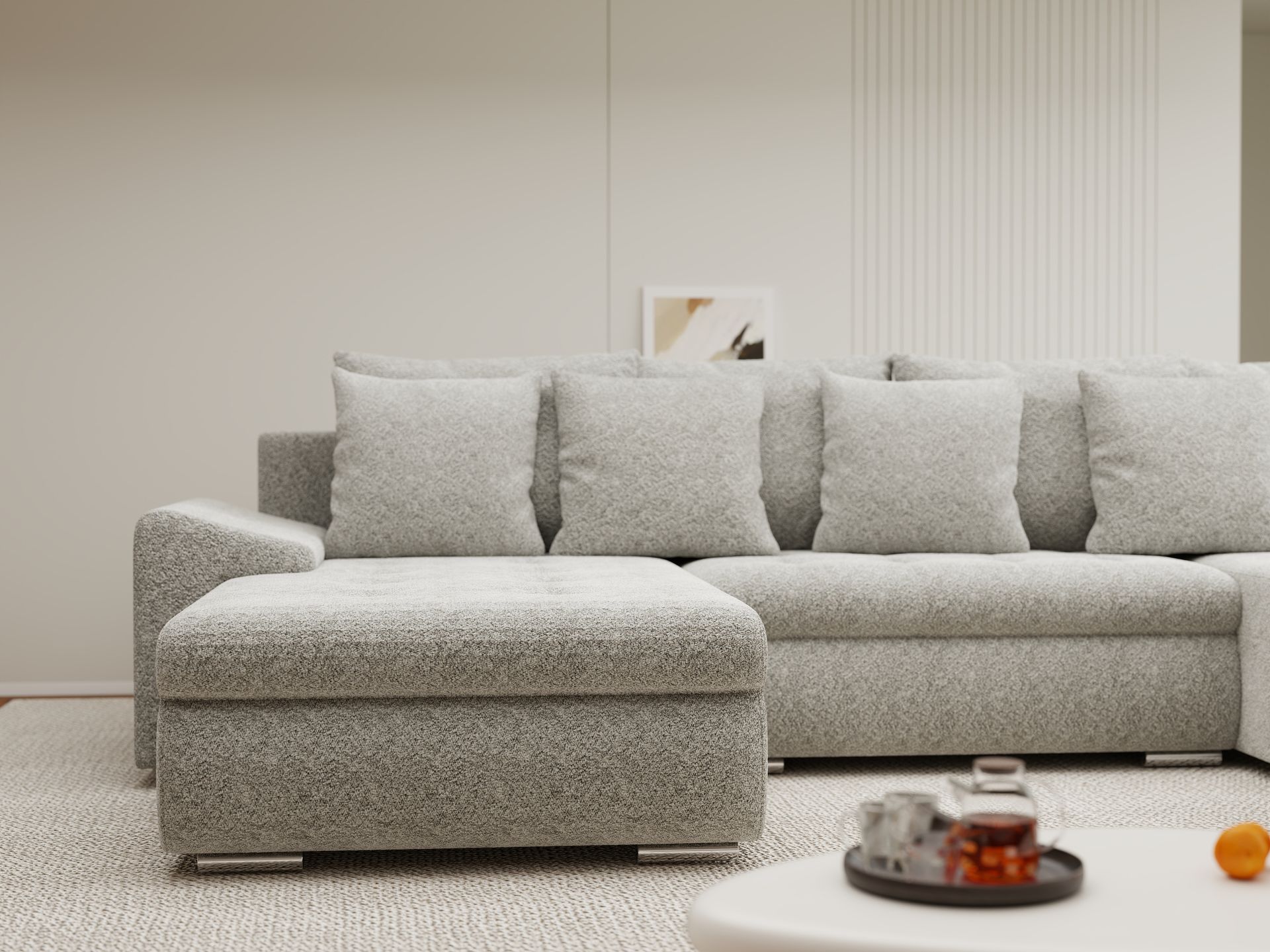 Colțar extensibil dumonde cu ladă de depozitare si sezut confortabil din spuma high-density, Leonardo U Arena Bej 02 360x185 cm