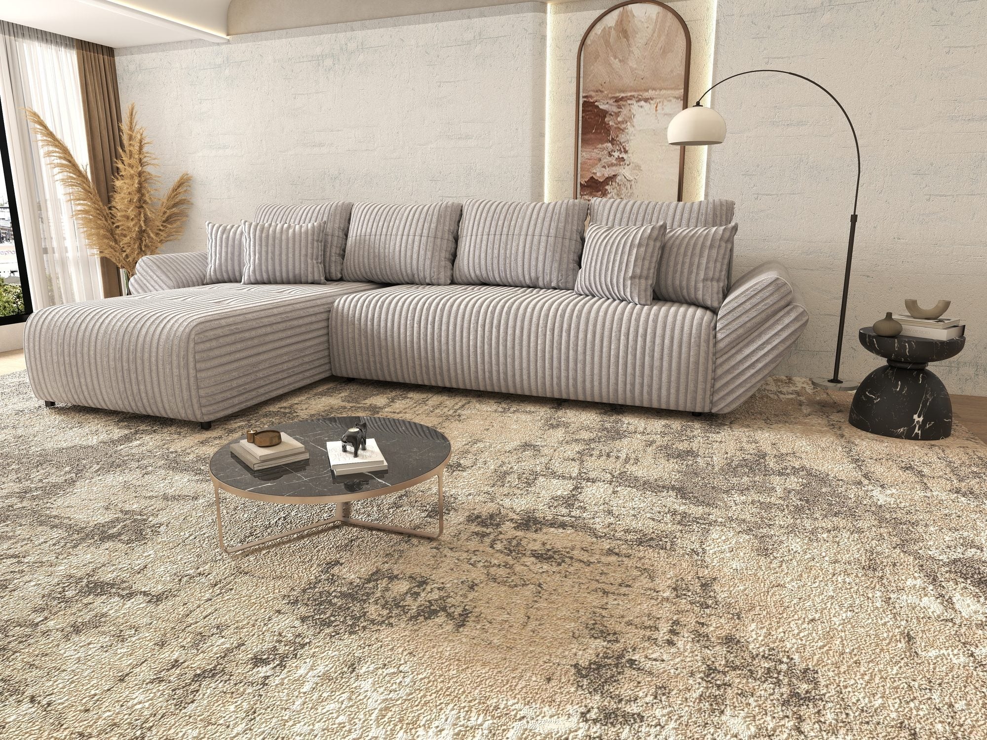 Colțar extensibil dumonde cu ladă de depozitare si sezut confortabil din spuma high-density, Berlin XL Tilia Gri 86 350x185 cm