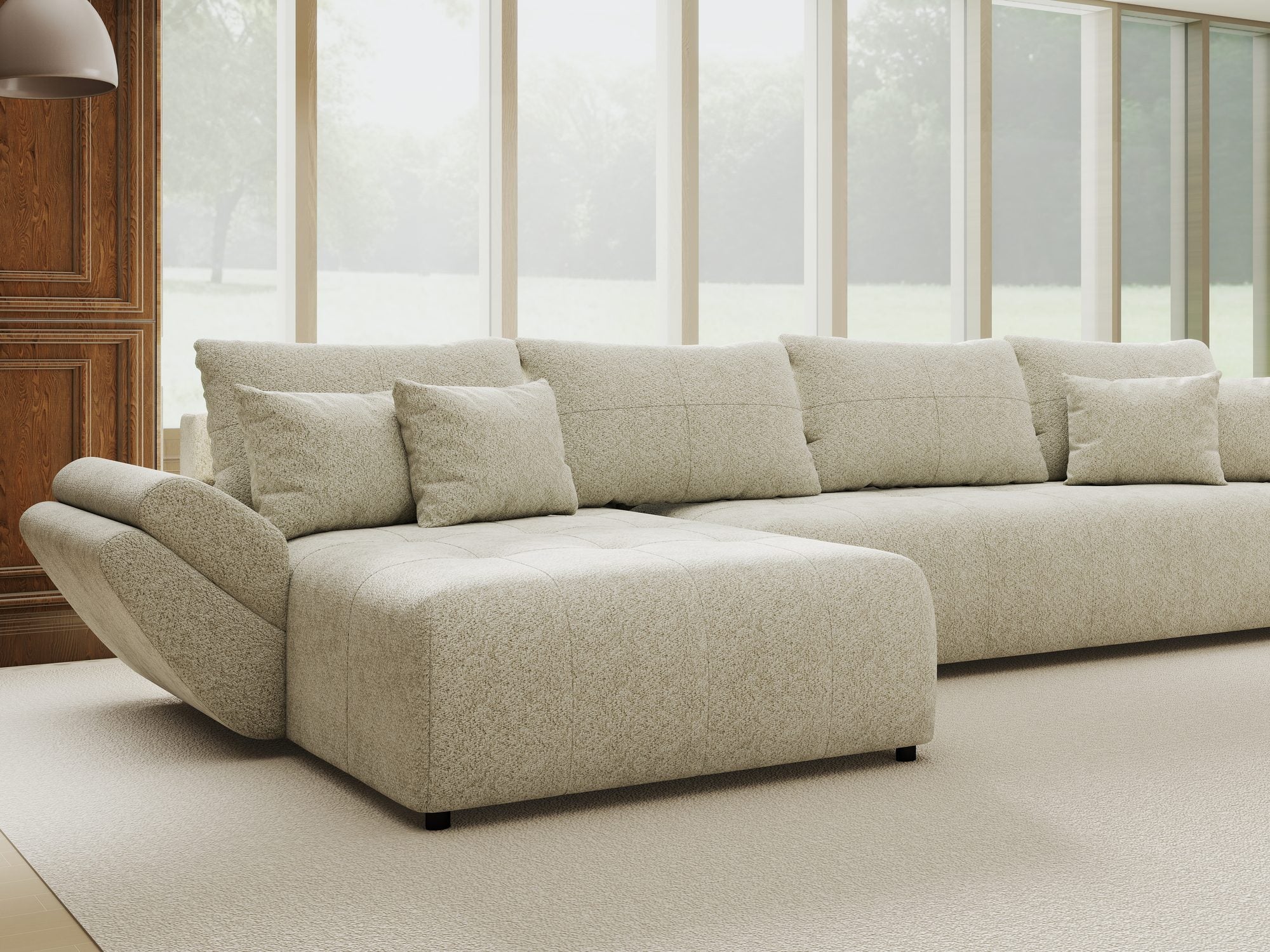 Colțar extensibil dumonde cu ladă de depozitare si sezut confortabil din spuma high-density, Berlin XL Arena Bej 20 350x185 cm
