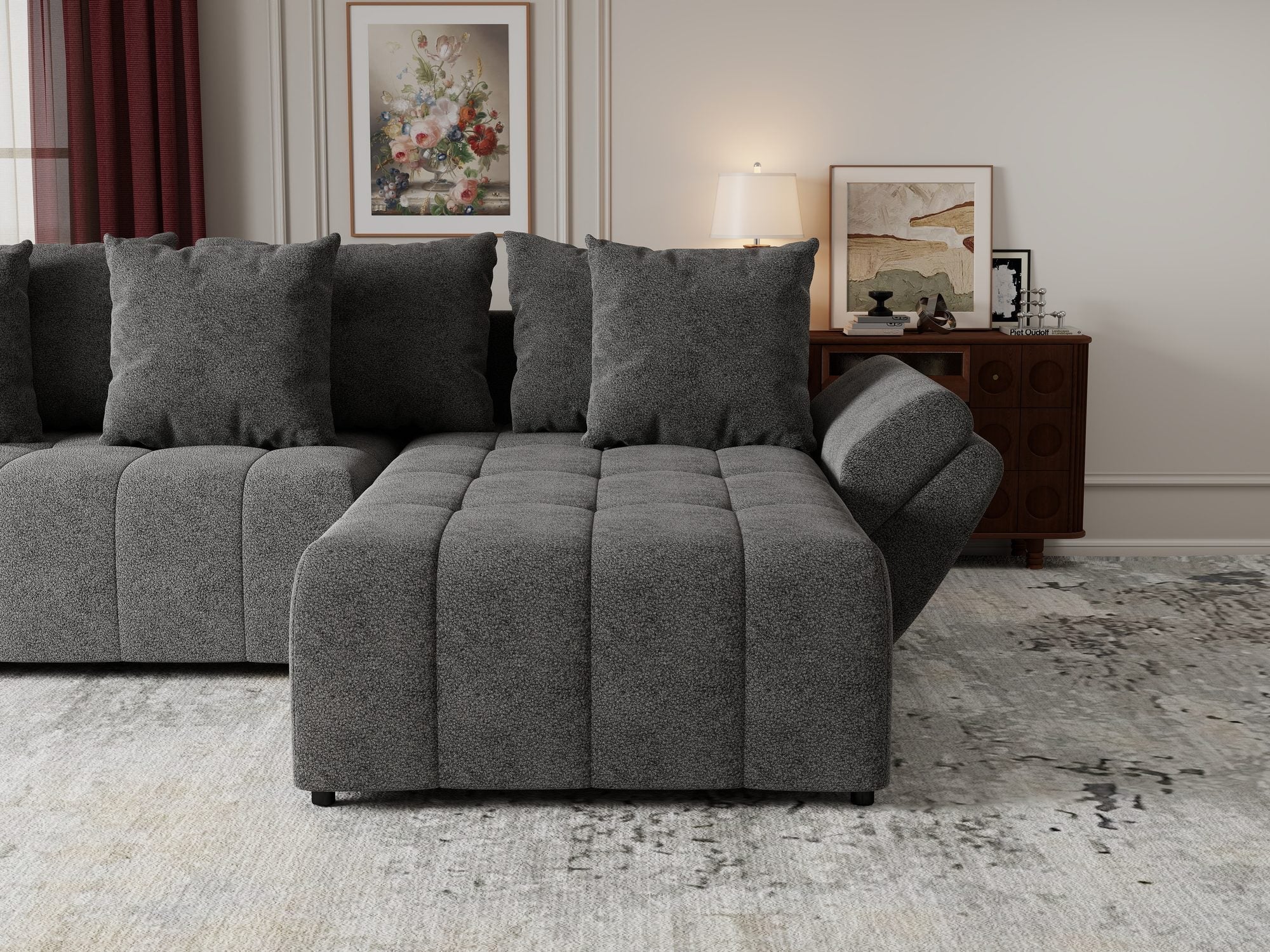 Colțar extensibil dumonde cu ladă de depozitare si sezut confortabil din spuma high-density, Berlin Quelle Gri 92 II 280x185 cm