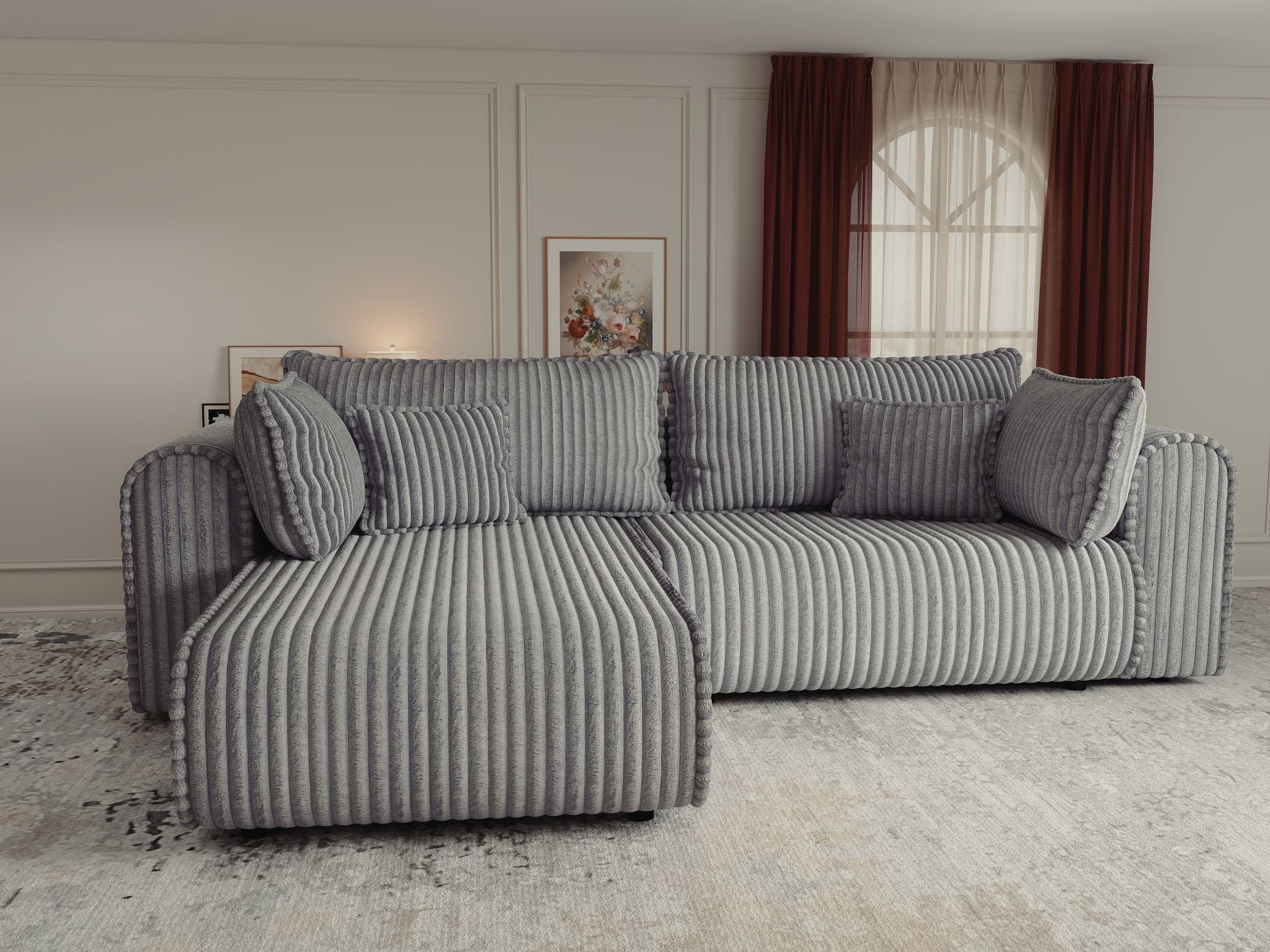Colțar extensibil dumonde cu ladă de depozitare si sezut confortabil din spuma high-density, Monaco L Tilia Dove 270x100 cm