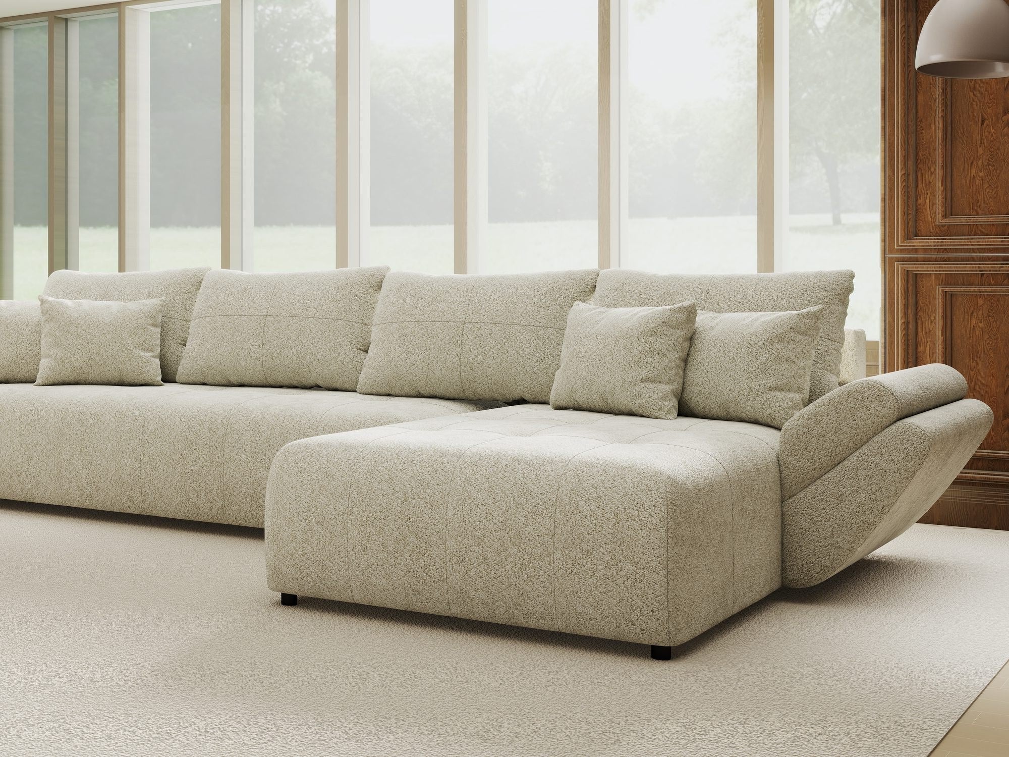 Colțar extensibil dumonde cu ladă de depozitare si sezut confortabil din spuma high-density, Berlin XL Arena Bej 20 II 350x185 cm