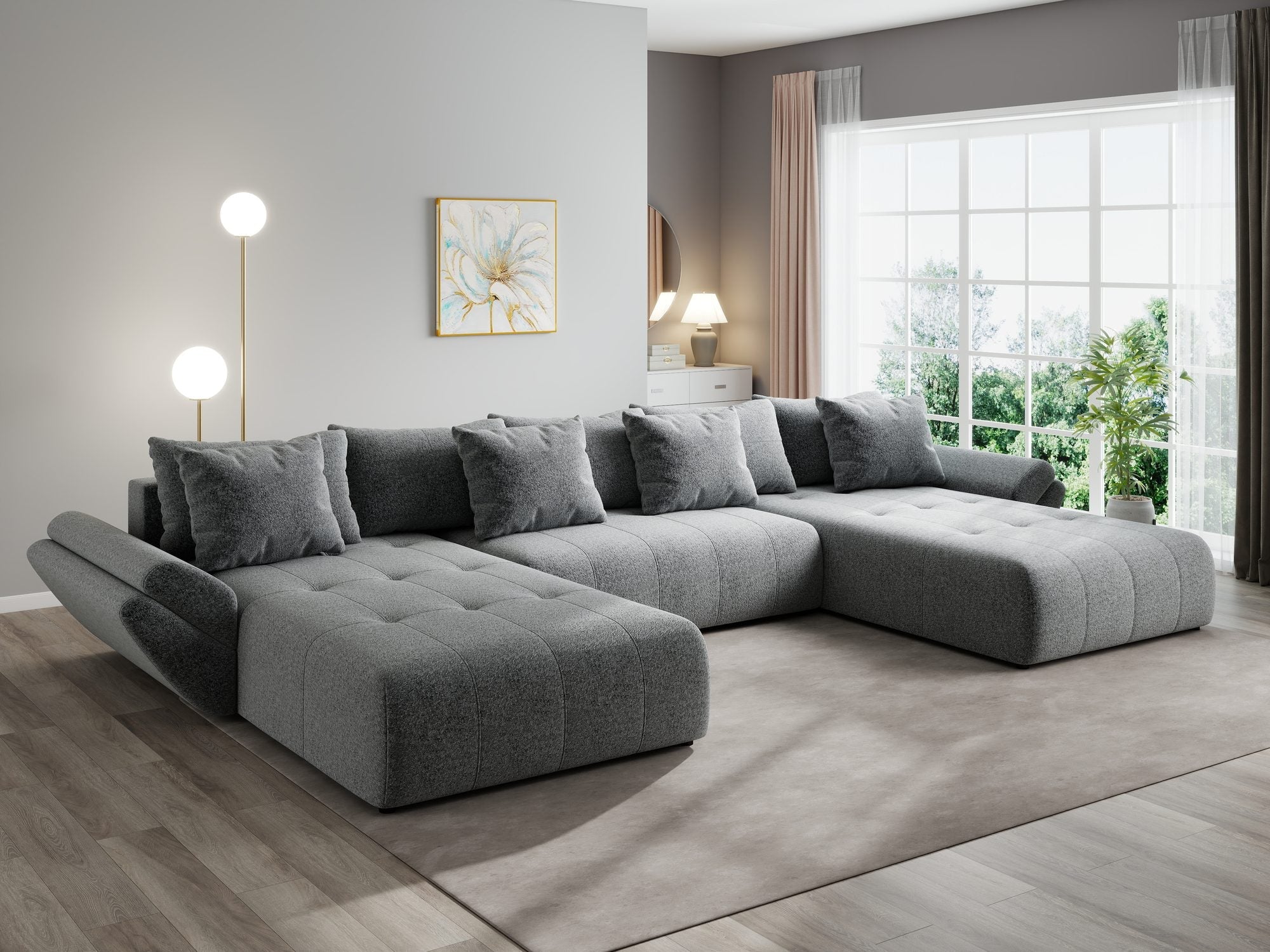 Colțar extensibil dumonde cu ladă de depozitare si sezut confortabil din spuma high-density, Berlin U Monte Gri 90 380x180 cm