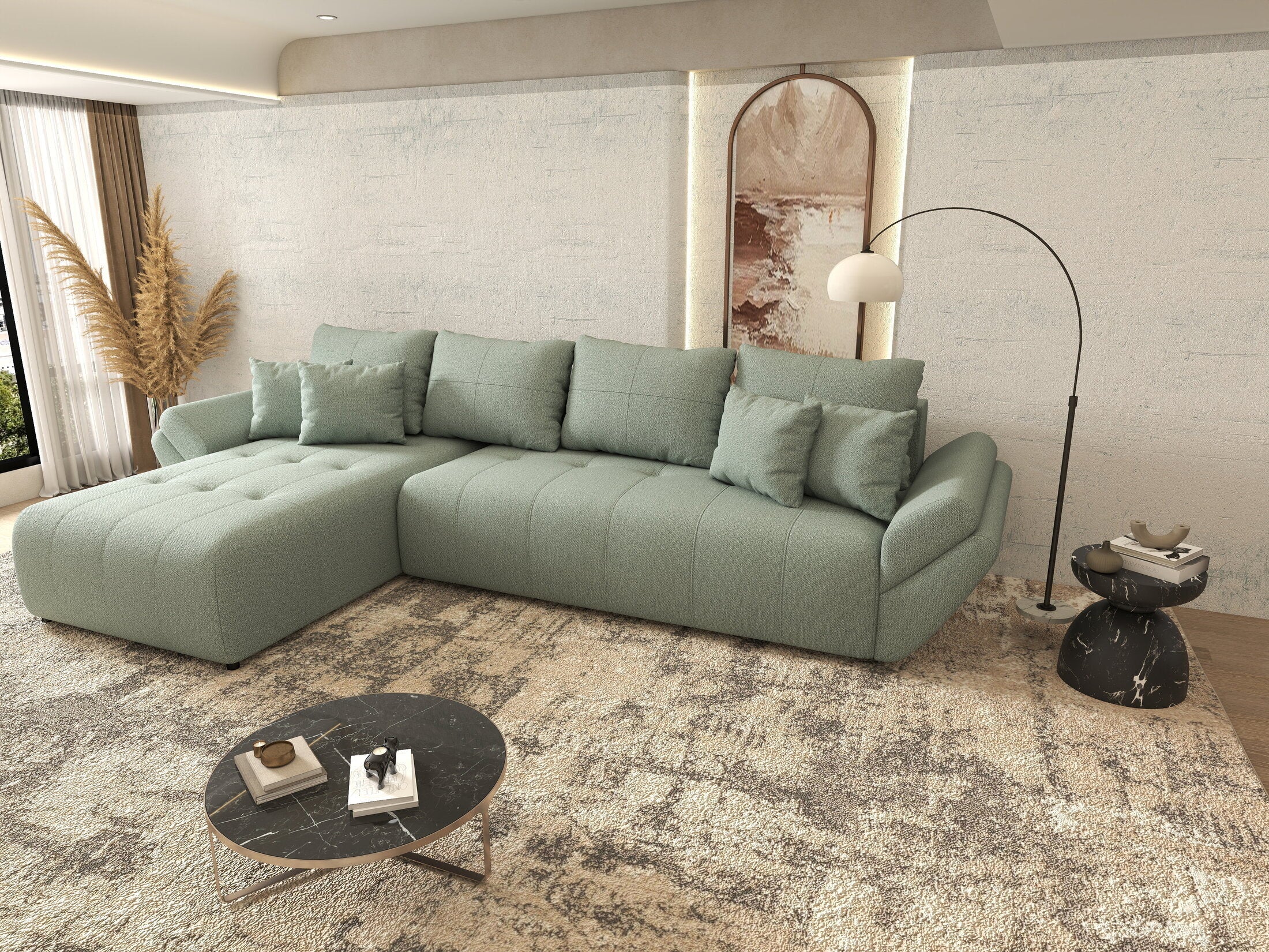 Colțar extensibil dumonde cu ladă de depozitare si sezut confortabil din spuma high-density, Berlin XL Enjoy Mint 350x185 cm