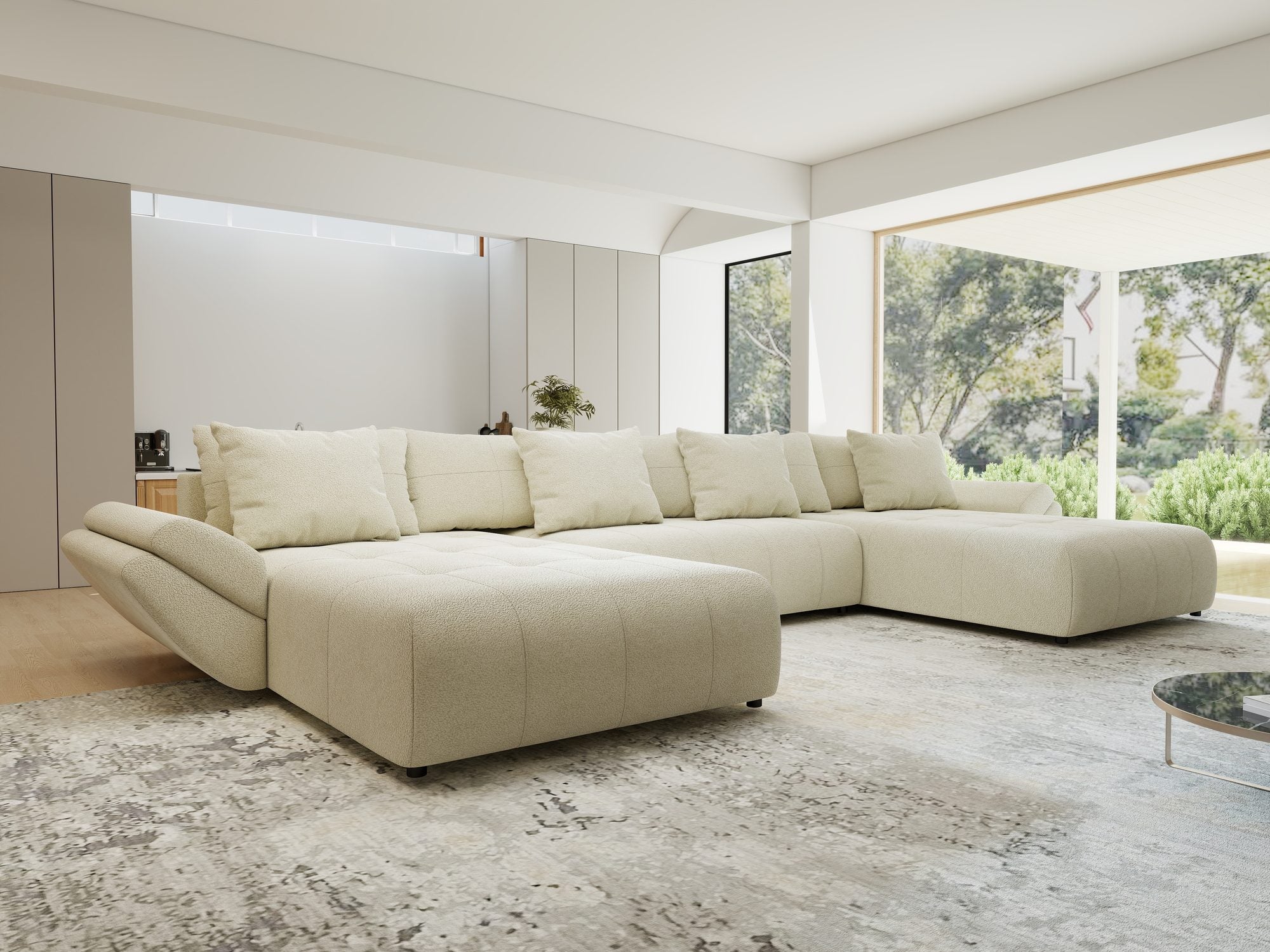 Colțar extensibil dumonde cu ladă de depozitare si sezut confortabil din spuma high-density, Berlin U Quelle Bej 02 380x180 cm