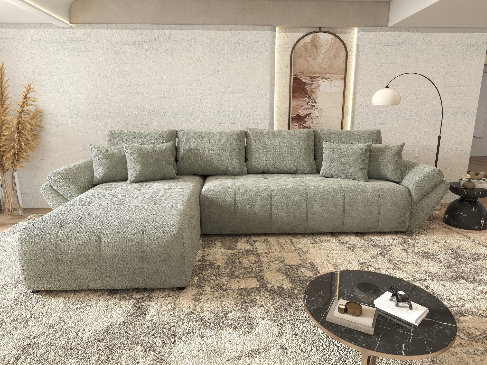 Colțar extensibil dumonde cu ladă de depozitare si sezut confortabil din spuma high-density, Berlin XL Vibe Mint 85 350x185 cm