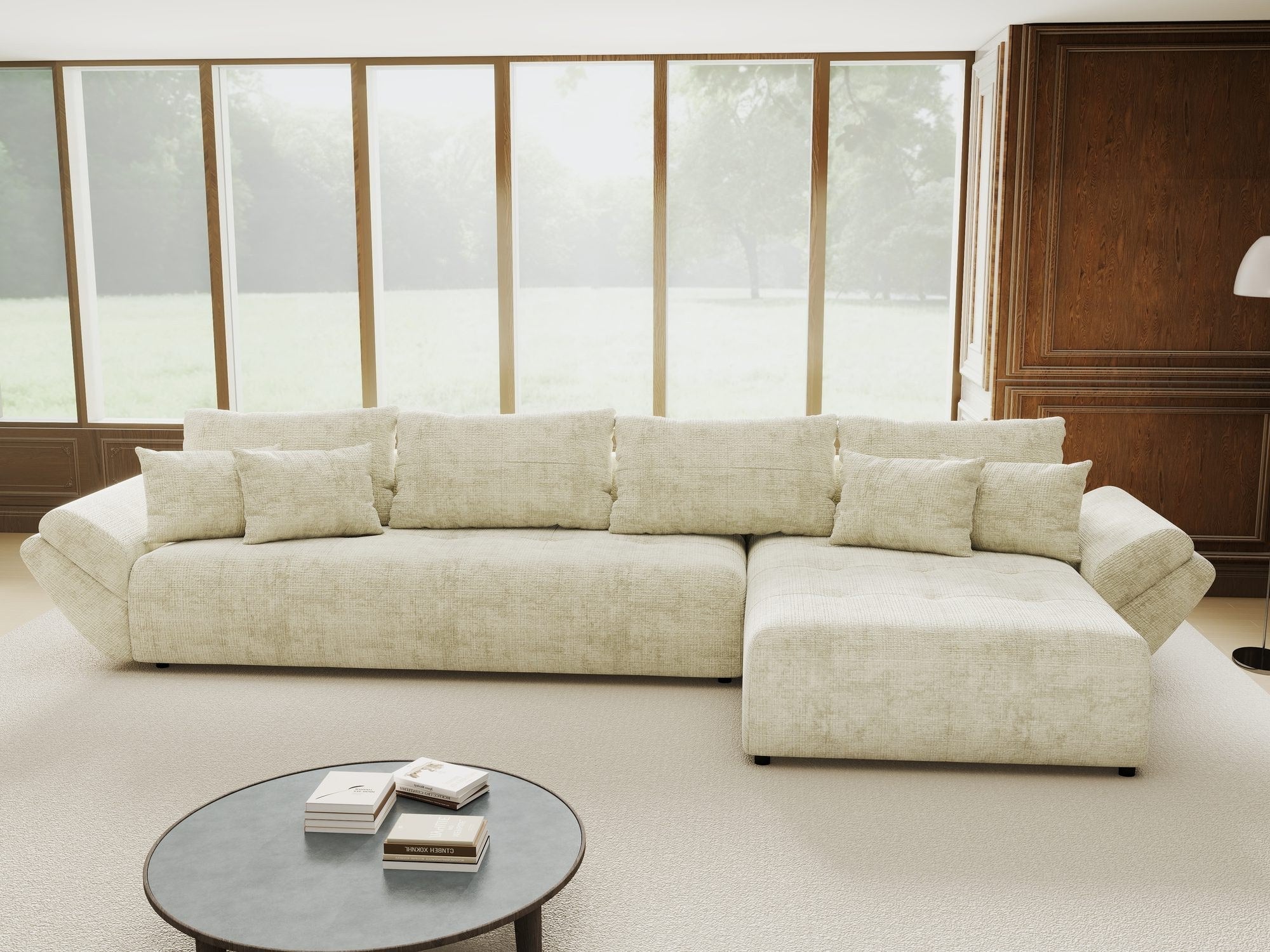 Colțar extensibil dumonde cu ladă de depozitare si sezut confortabil din spuma high-density, Berlin XL Cremona Alb 1 II 350x185 cm