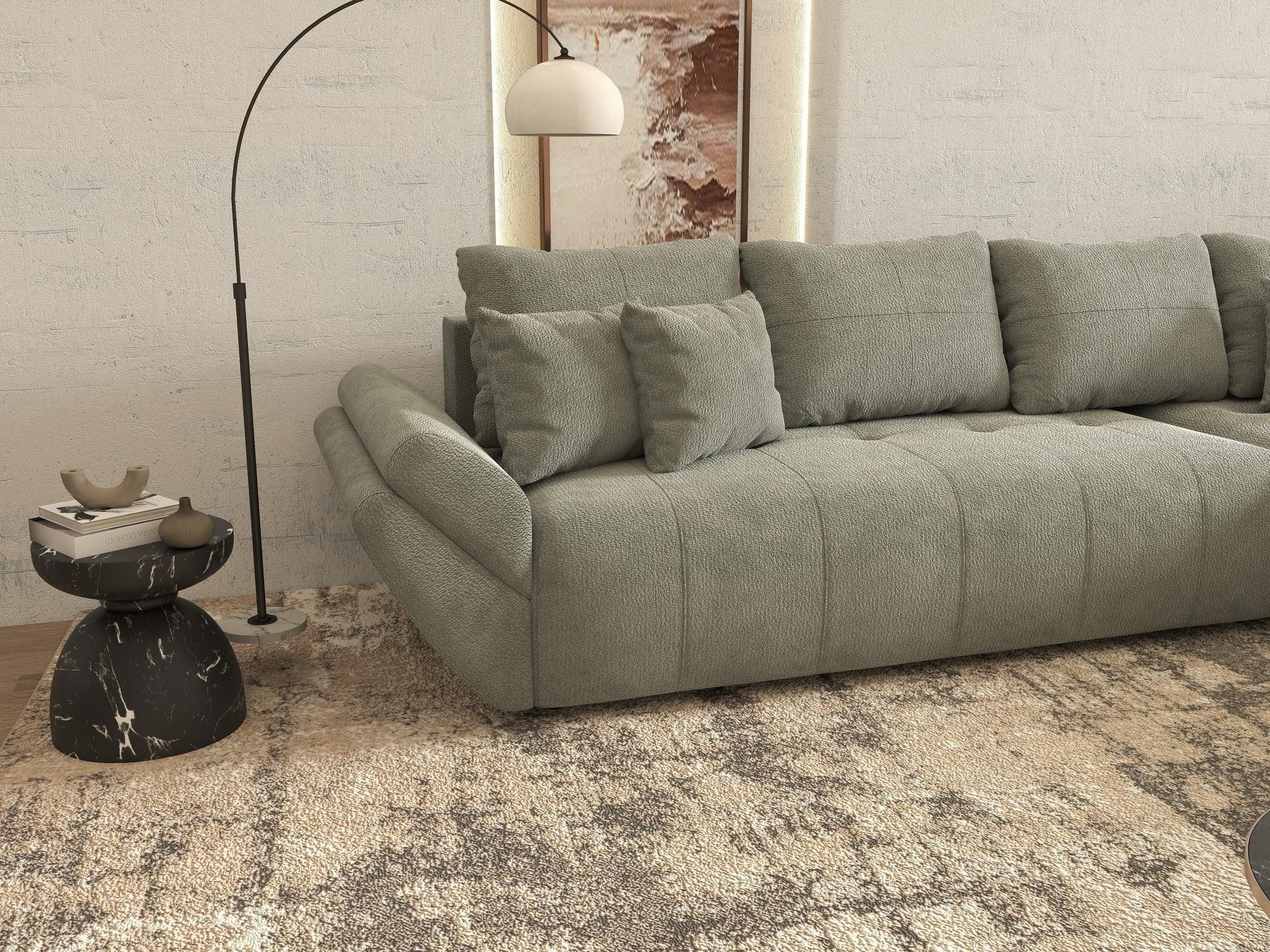Colțar extensibil dumonde cu ladă de depozitare si sezut confortabil din spuma high-density, Berlin XL Vibe Mint 85 II 350x185 cm