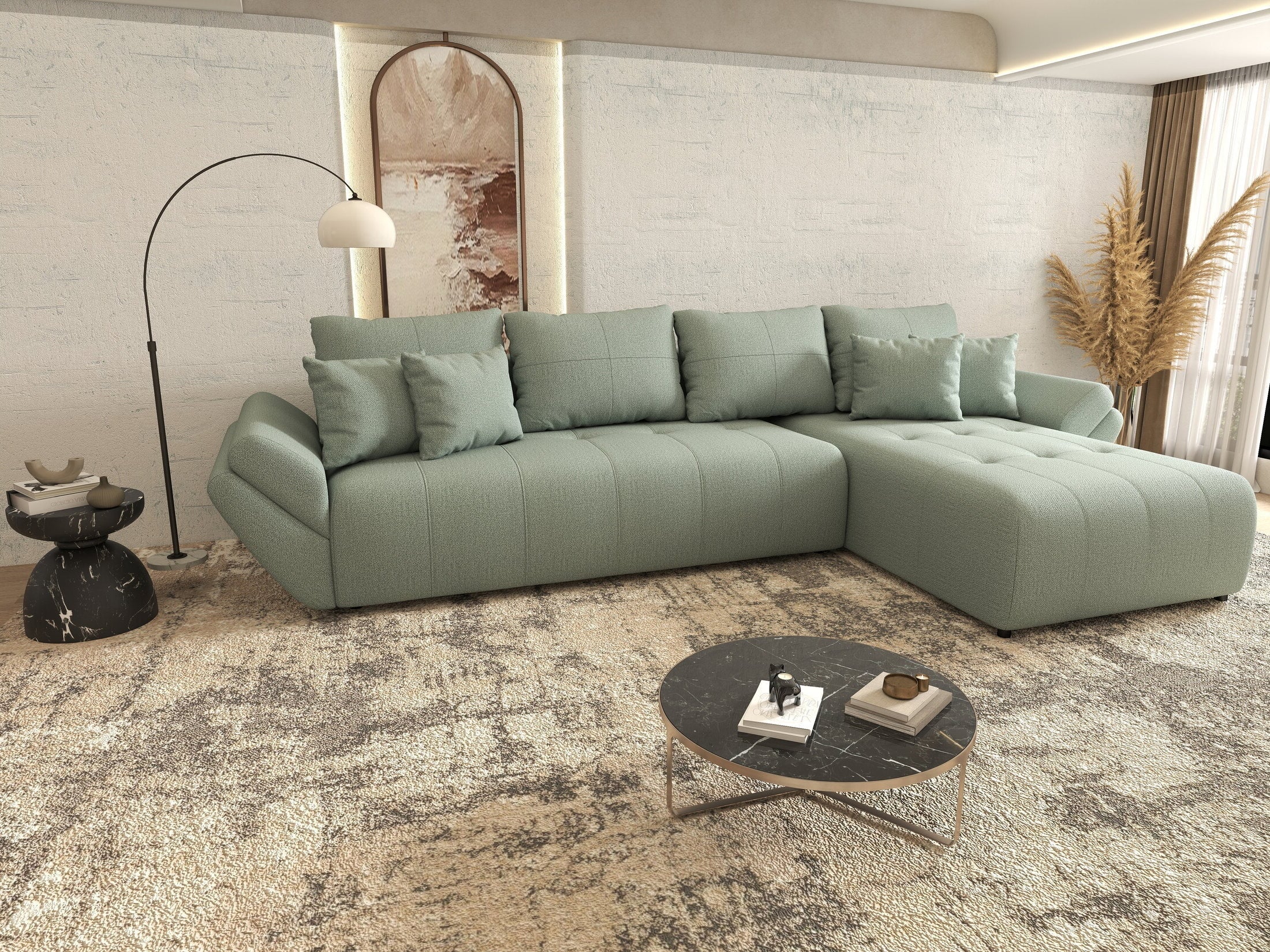 Colțar extensibil dumonde cu ladă de depozitare si sezut confortabil din spuma high-density, Berlin XL Enjoy Mint 350x185 cm II