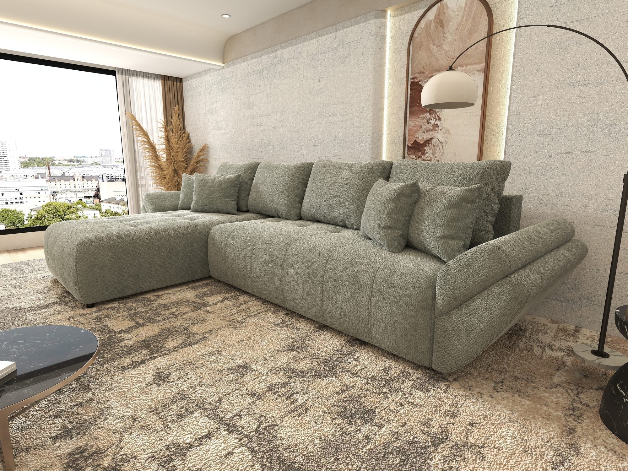 Colțar extensibil dumonde cu ladă de depozitare si sezut confortabil din spuma high-density, Berlin XL Vibe Mint 85 350x185 cm