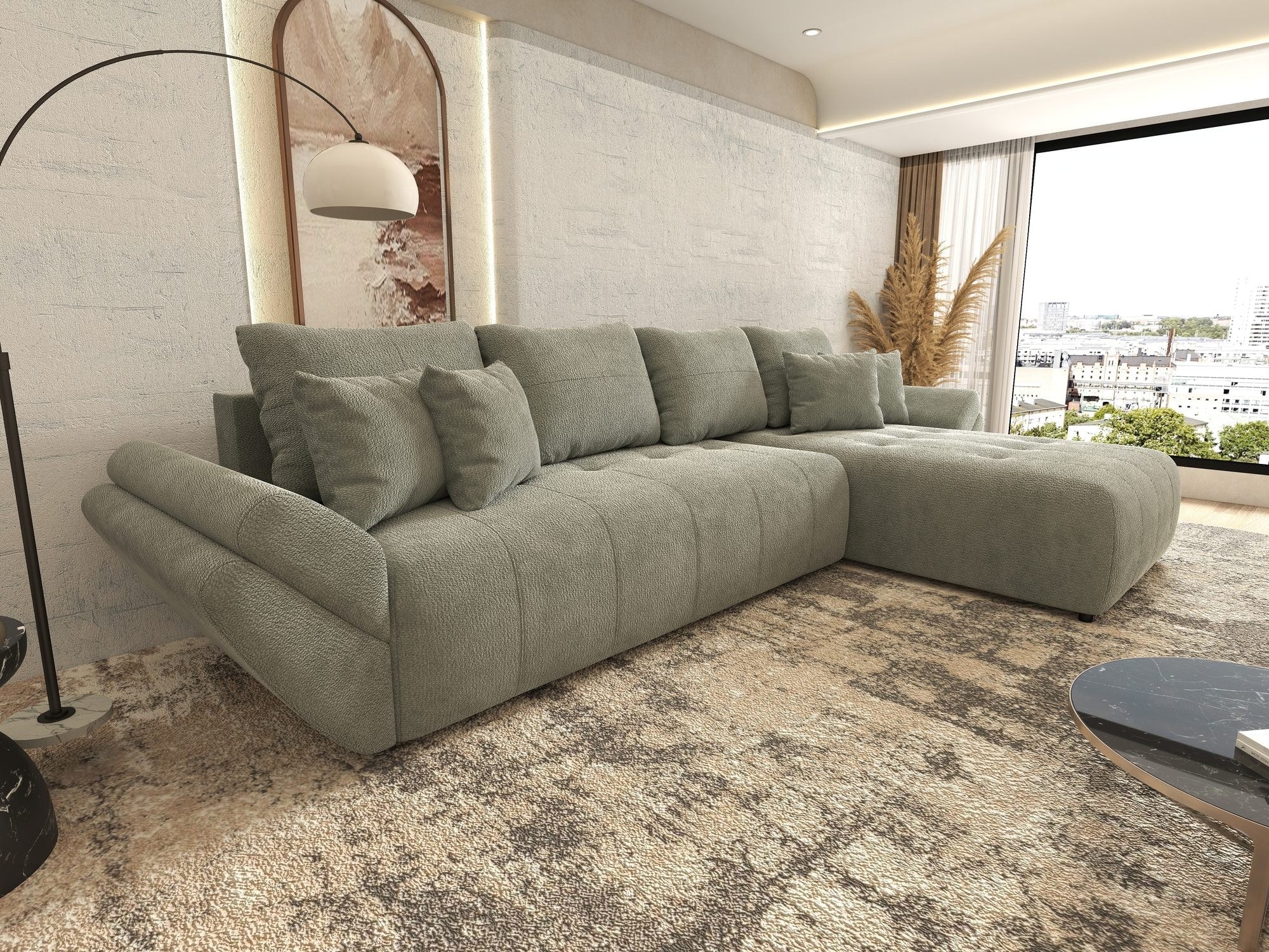Colțar extensibil dumonde cu ladă de depozitare si sezut confortabil din spuma high-density, Berlin XL Vibe Mint 85 II 350x185 cm