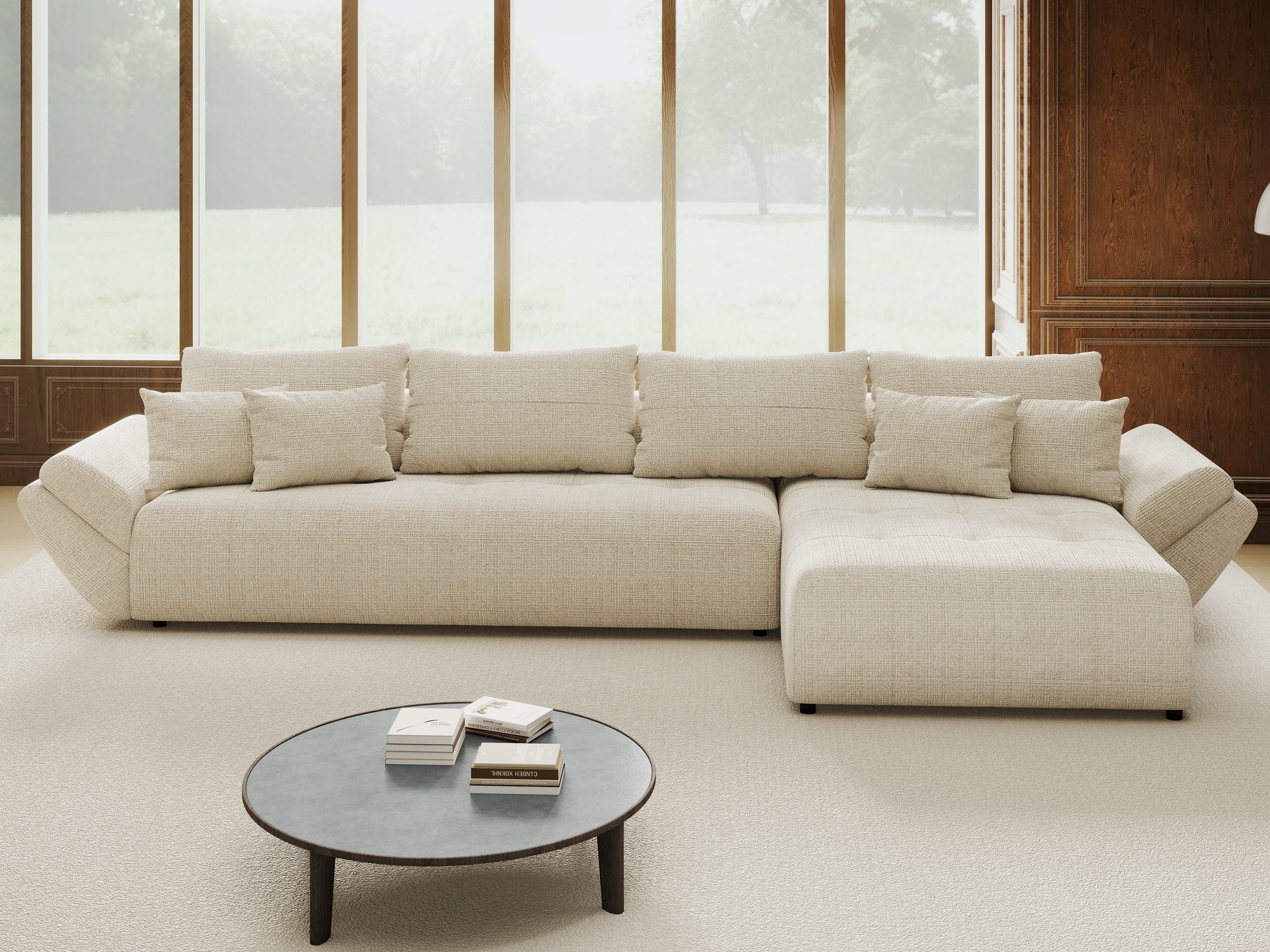 Colțar extensibil dumonde cu ladă de depozitare si sezut confortabil din spuma high-density, Berlin XL Cremona Gri 2 II 350x185 cm