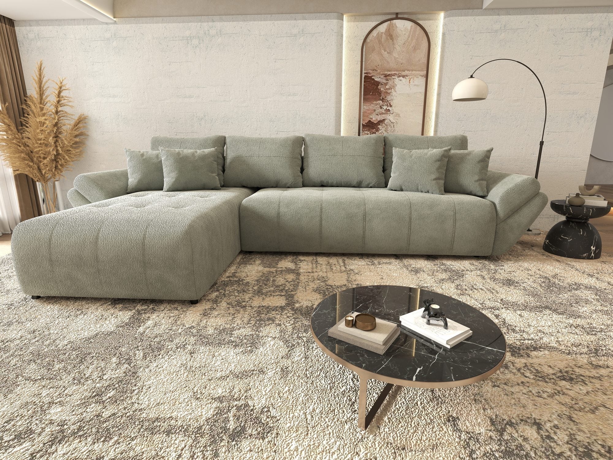 Colțar extensibil dumonde cu ladă de depozitare si sezut confortabil din spuma high-density, Berlin XL Vibe Mint 85 350x185 cm