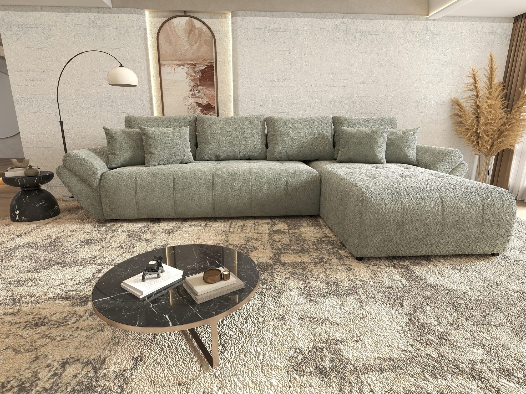 Colțar extensibil dumonde cu ladă de depozitare si sezut confortabil din spuma high-density, Berlin XL Vibe Mint 85 II 350x185 cm