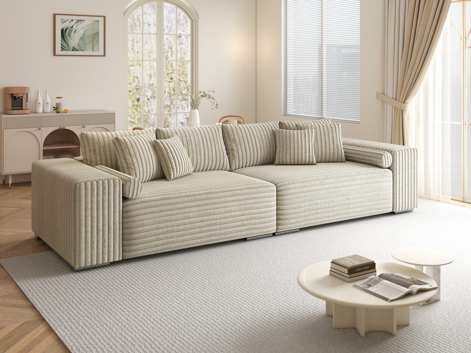 Canapea extensibilă dumonde cu ladă de depozitare si sezut confortabil din spuma high-density, Marbela XXL Tilia Bej 08 290x100 cm