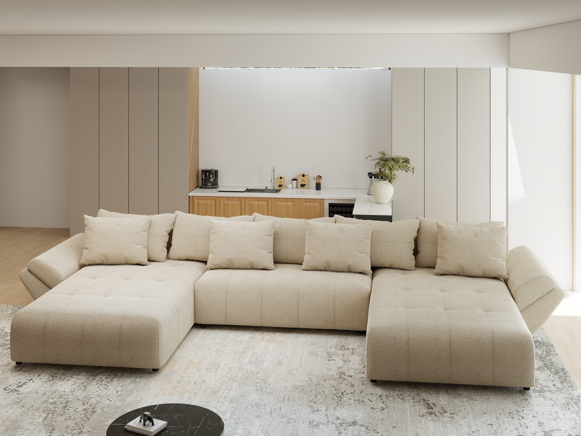 Colțar extensibil dumonde cu ladă de depozitare si sezut confortabil din spuma high-density, Berlin U Quelle Bej 05 380x180 cm