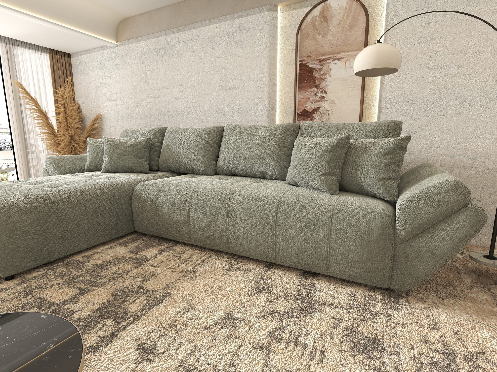 Colțar extensibil dumonde cu ladă de depozitare si sezut confortabil din spuma high-density, Berlin XL Vibe Mint 85 350x185 cm