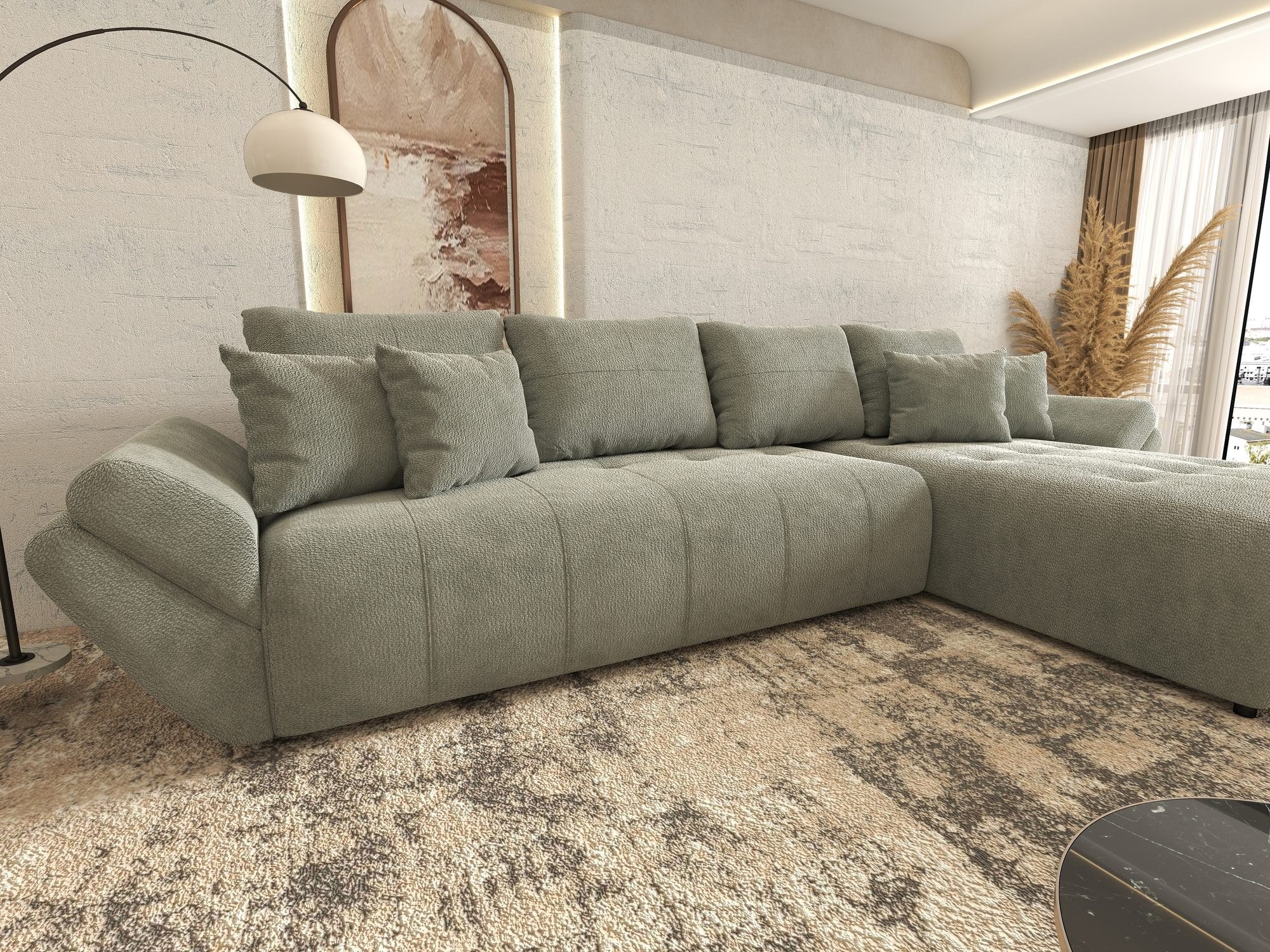 Colțar extensibil dumonde cu ladă de depozitare si sezut confortabil din spuma high-density, Berlin XL Vibe Mint 85 II 350x185 cm