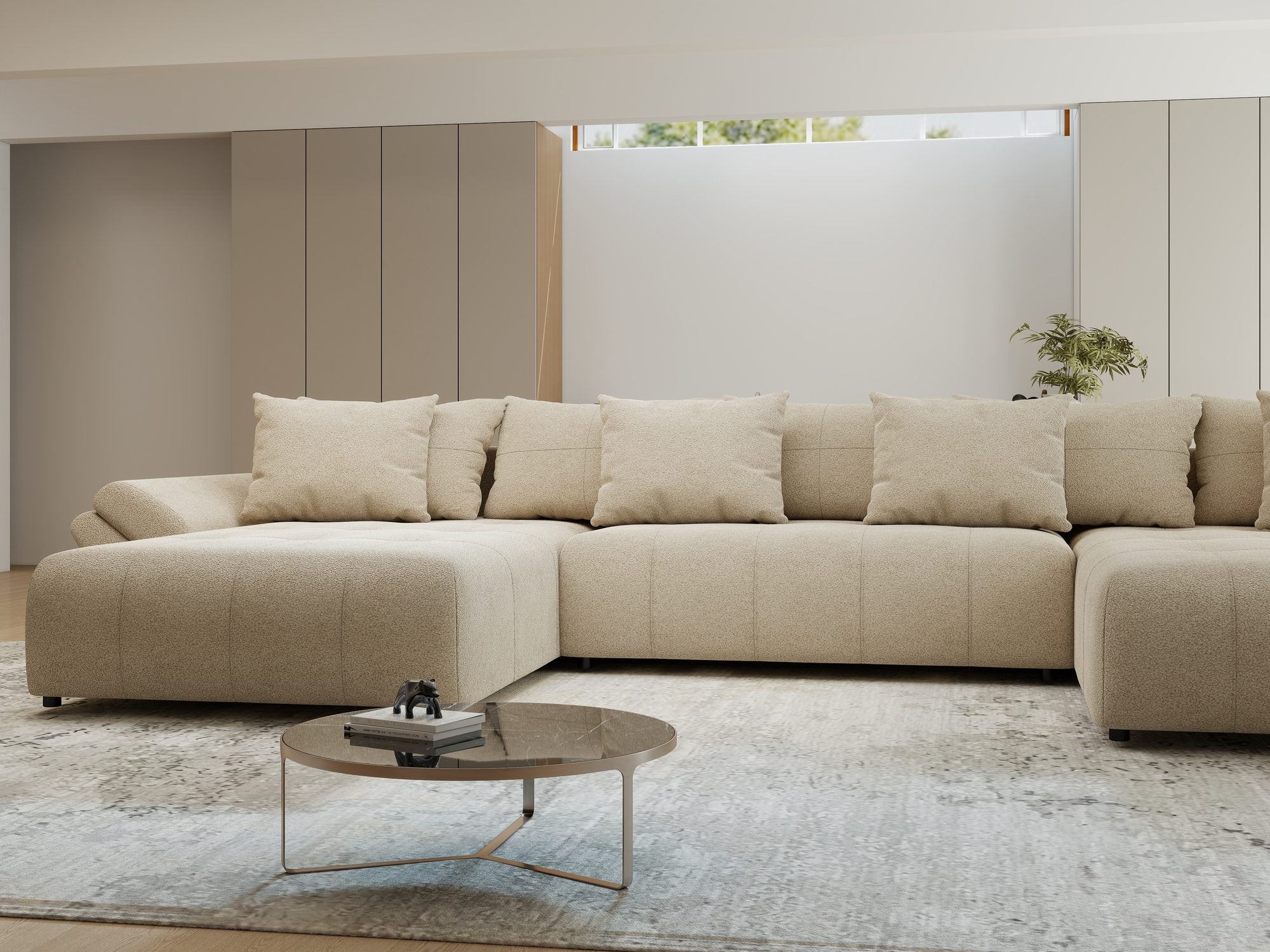 Colțar extensibil dumonde cu ladă de depozitare si sezut confortabil din spuma high-density, Berlin U Quelle Bej 05 380x180 cm