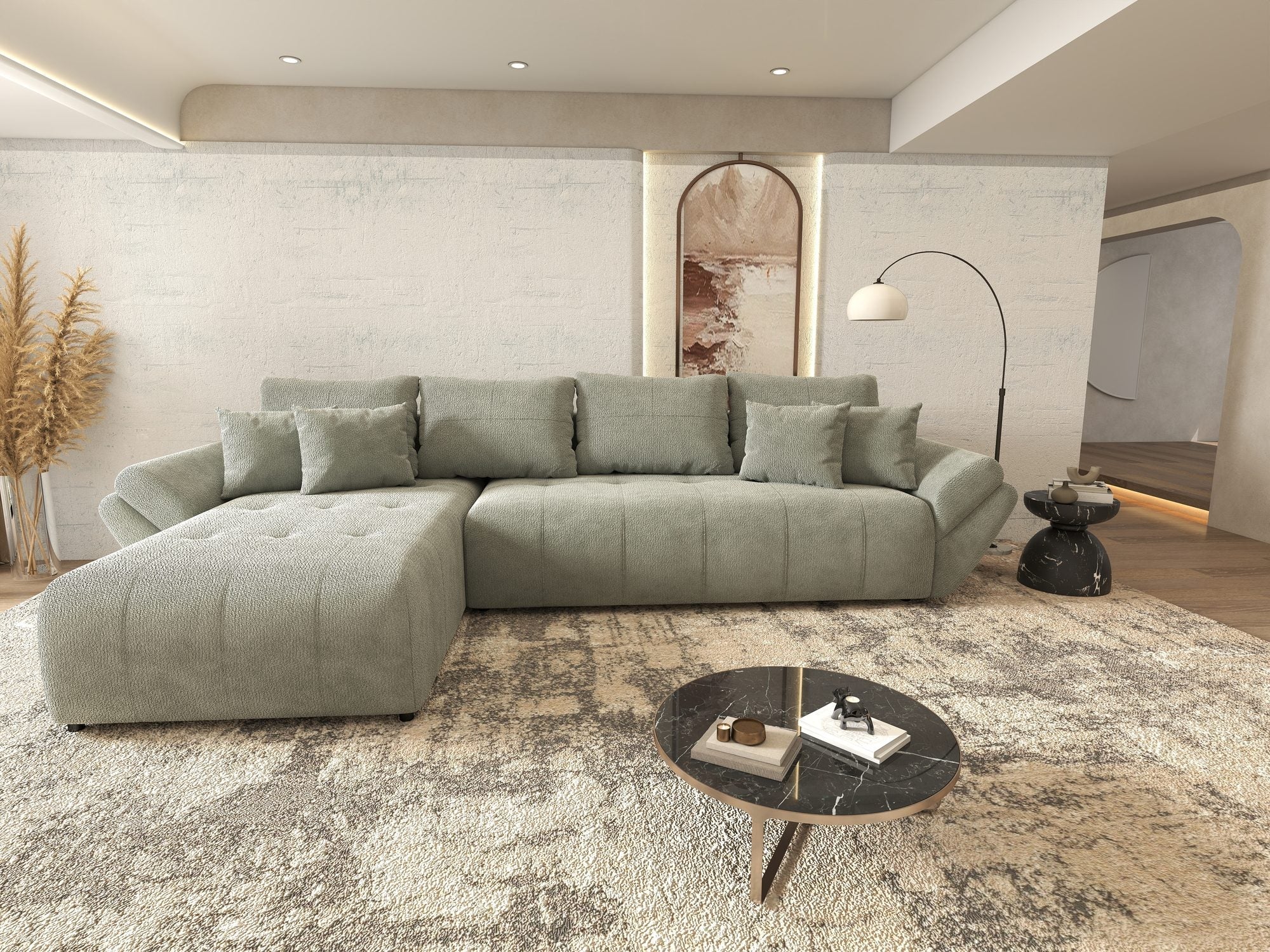Colțar extensibil dumonde cu ladă de depozitare si sezut confortabil din spuma high-density, Berlin XL Vibe Mint 85 350x185 cm