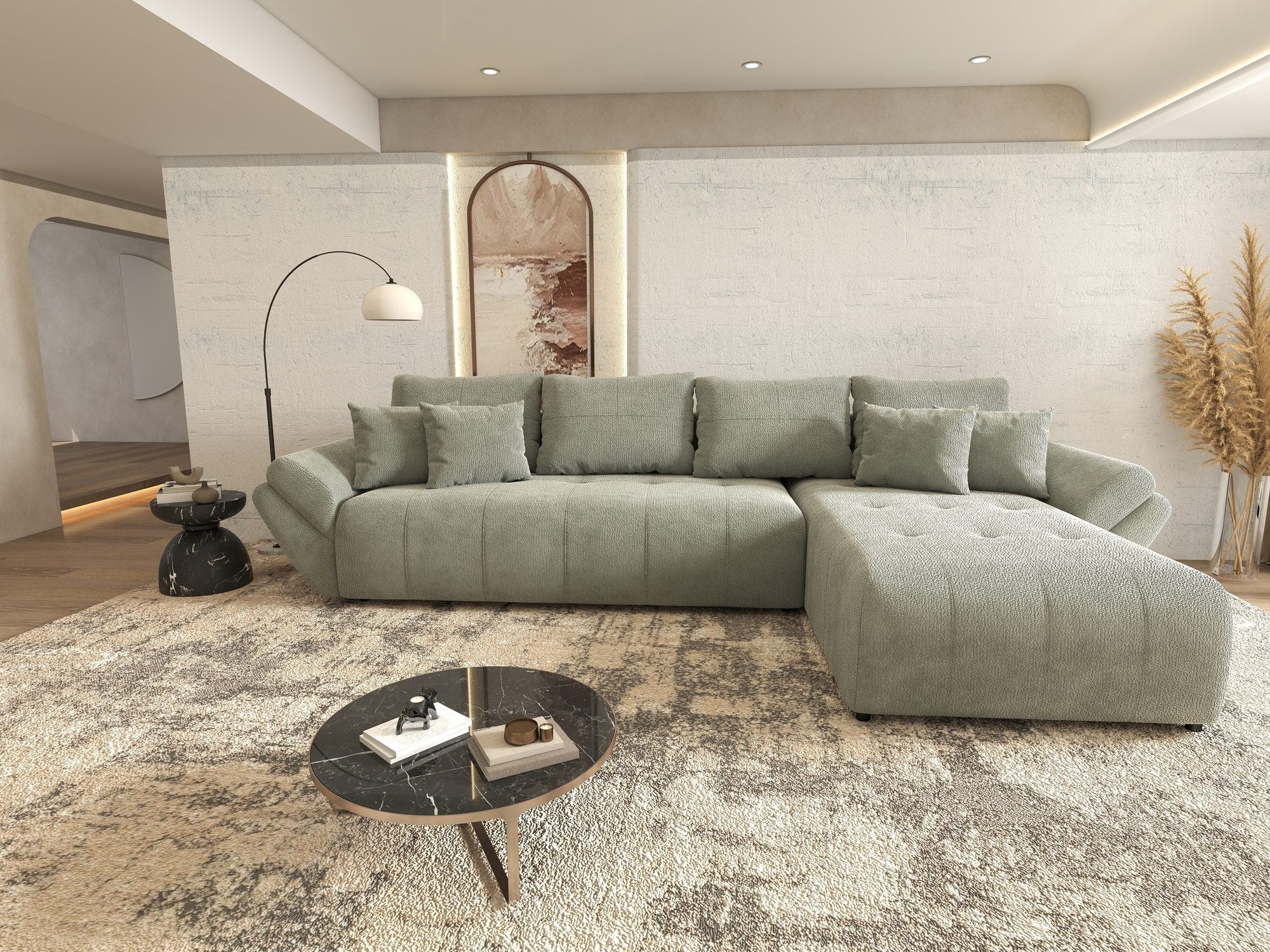 Colțar extensibil dumonde cu ladă de depozitare si sezut confortabil din spuma high-density, Berlin XL Vibe Mint 85 II 350x185 cm