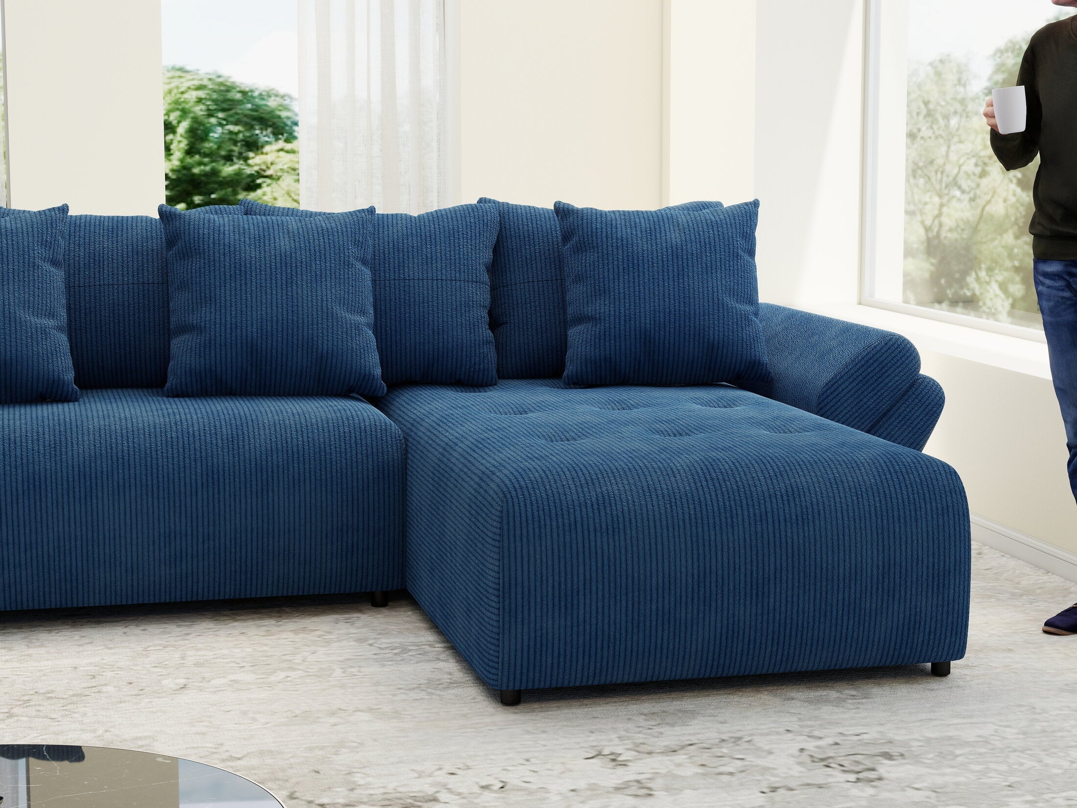 Colțar extensibil dumonde cu ladă de depozitare si sezut confortabil din spuma high-density, Berlin U Zoom Blue 400x185 cm