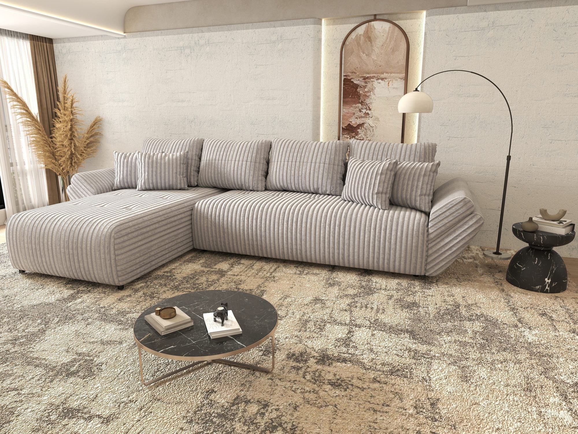 Colțar extensibil dumonde cu ladă de depozitare si sezut confortabil din spuma high-density, Berlin XL Tilia Gri 86 350x185 cm