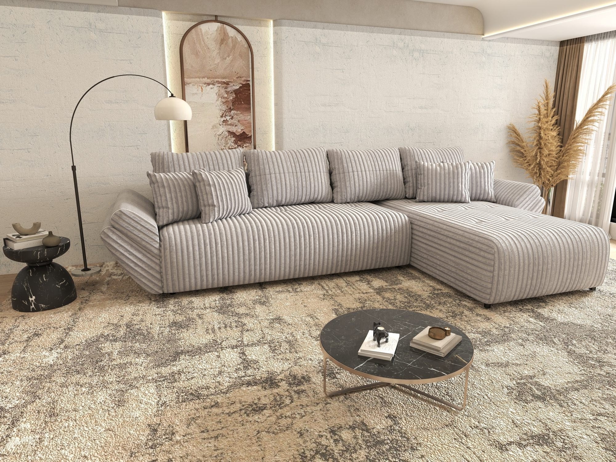 Colțar extensibil dumonde cu ladă de depozitare si sezut confortabil din spuma high-density, Berlin XL Tilia Gri 86 II 350x185 cm