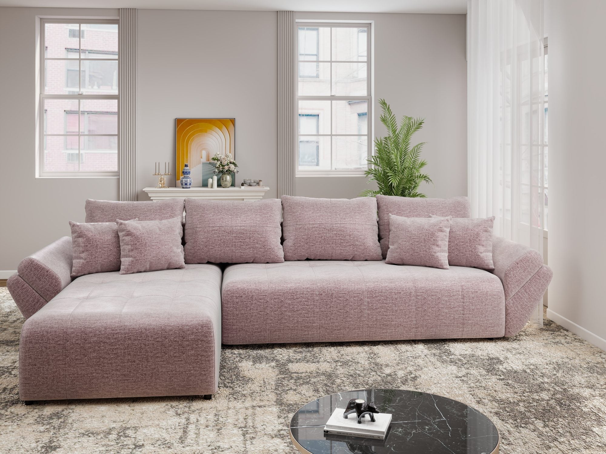 Colțar extensibil dumonde cu ladă de depozitare si sezut confortabil din spuma high-density, Berlin XL Monolith Roz Pudrat 62 350x185 cm