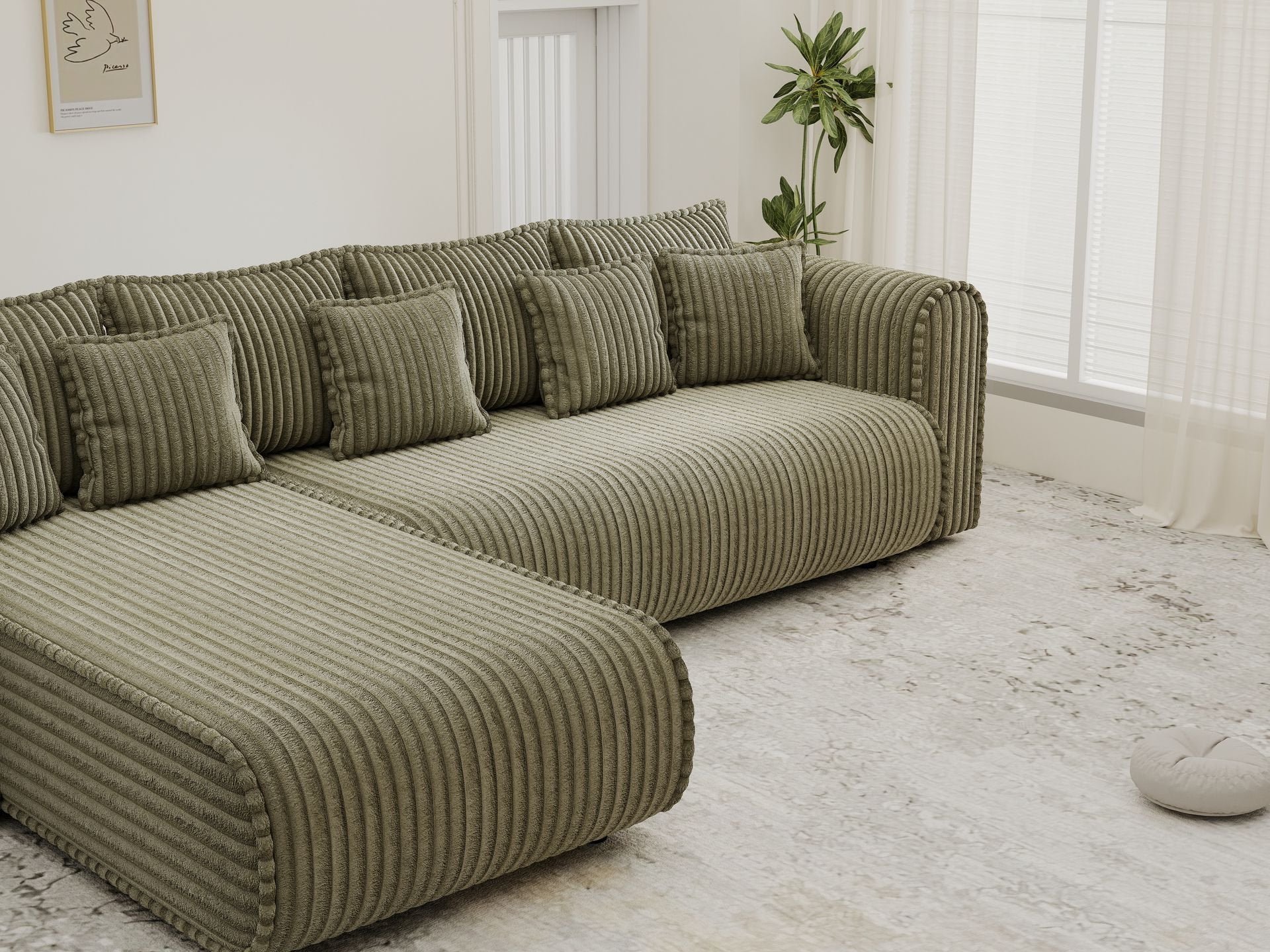 Colțar extensibil dumonde cu ladă de depozitare si sezut confortabil din spuma high-density, Monaco XL Tilia Olive 340x185 cm